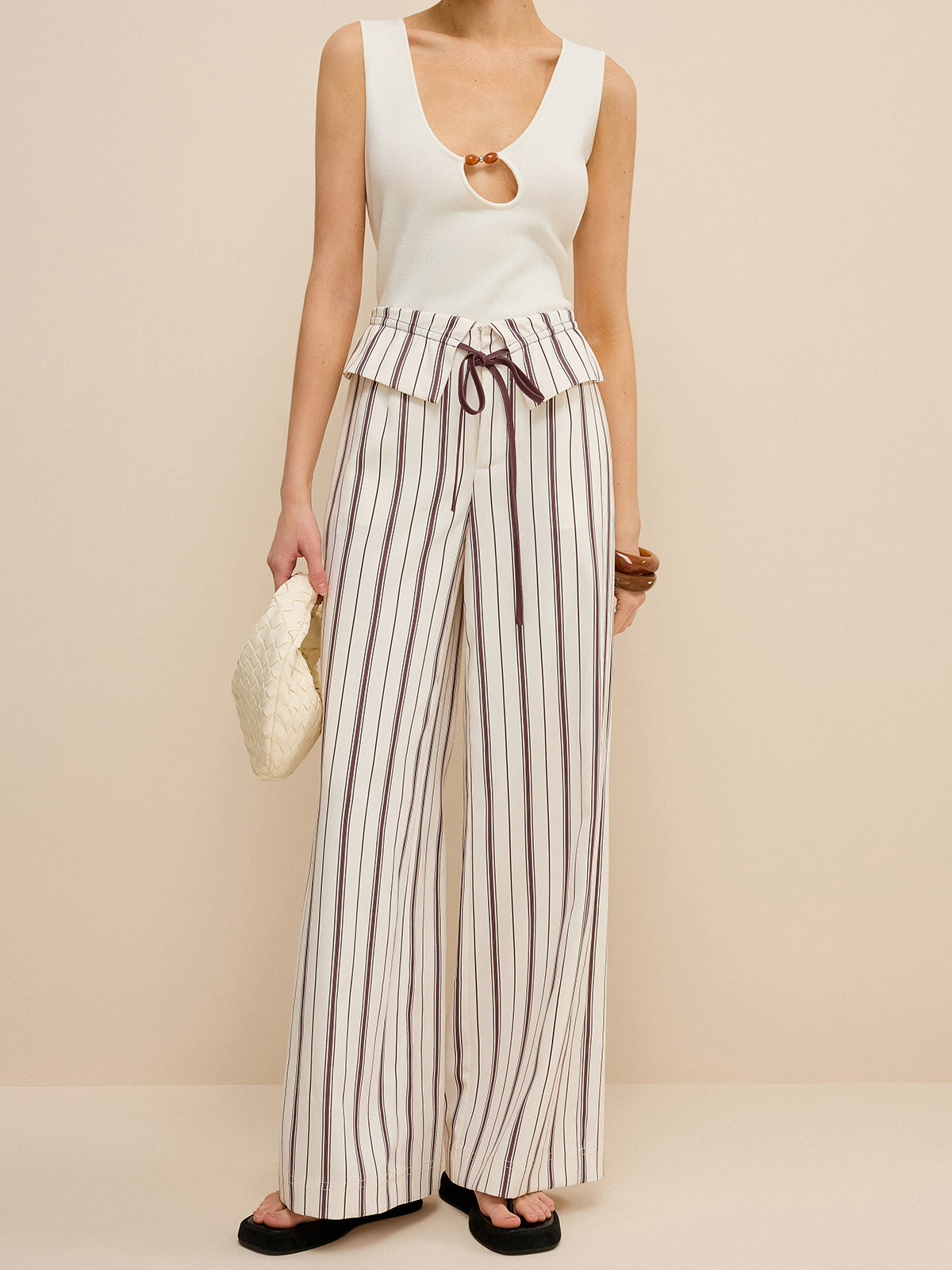 Striped Wide-Leg Pants with Peplum Waist-Massicos