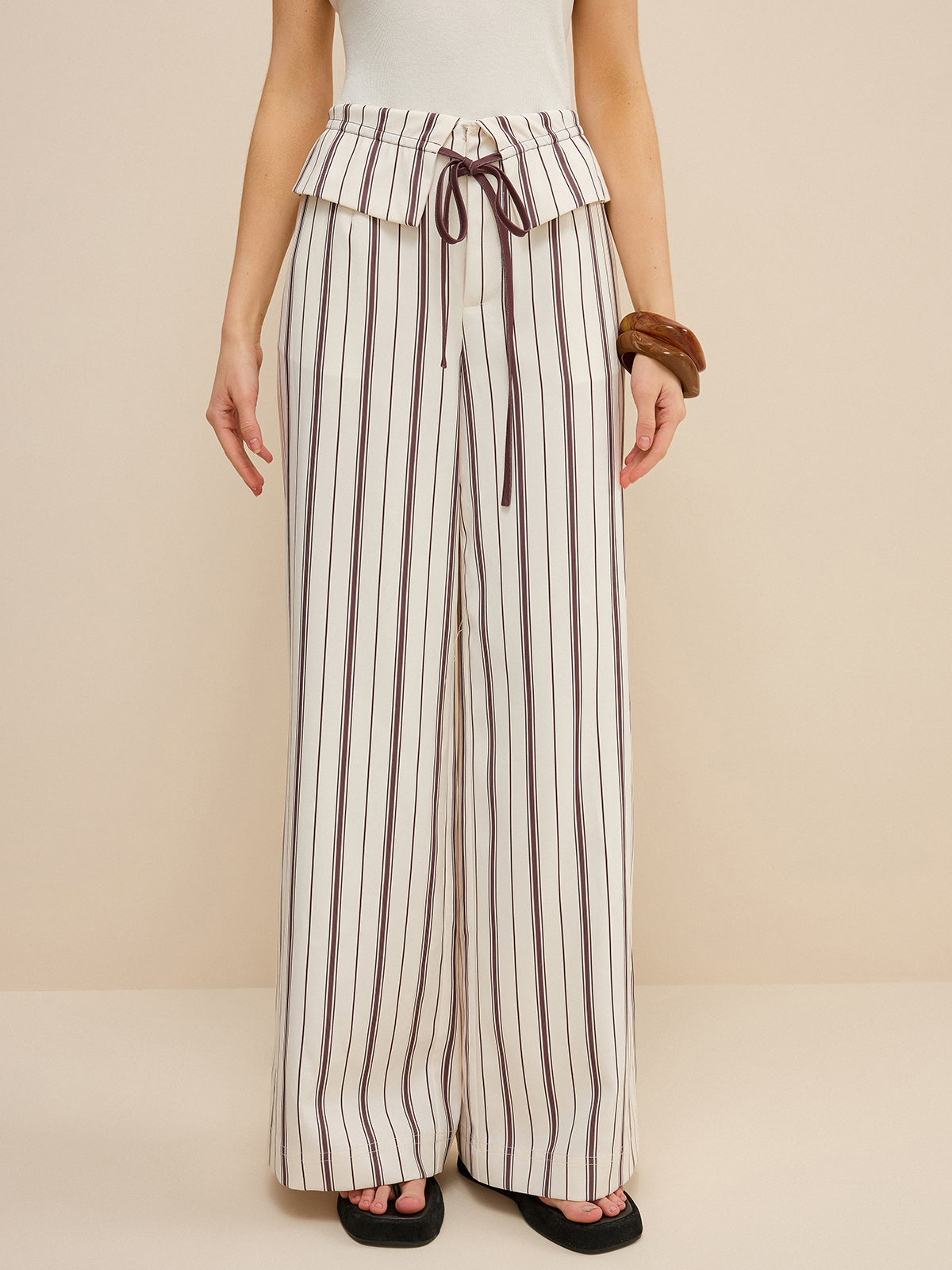 Striped Wide-Leg Pants with Peplum Waist-Massicos