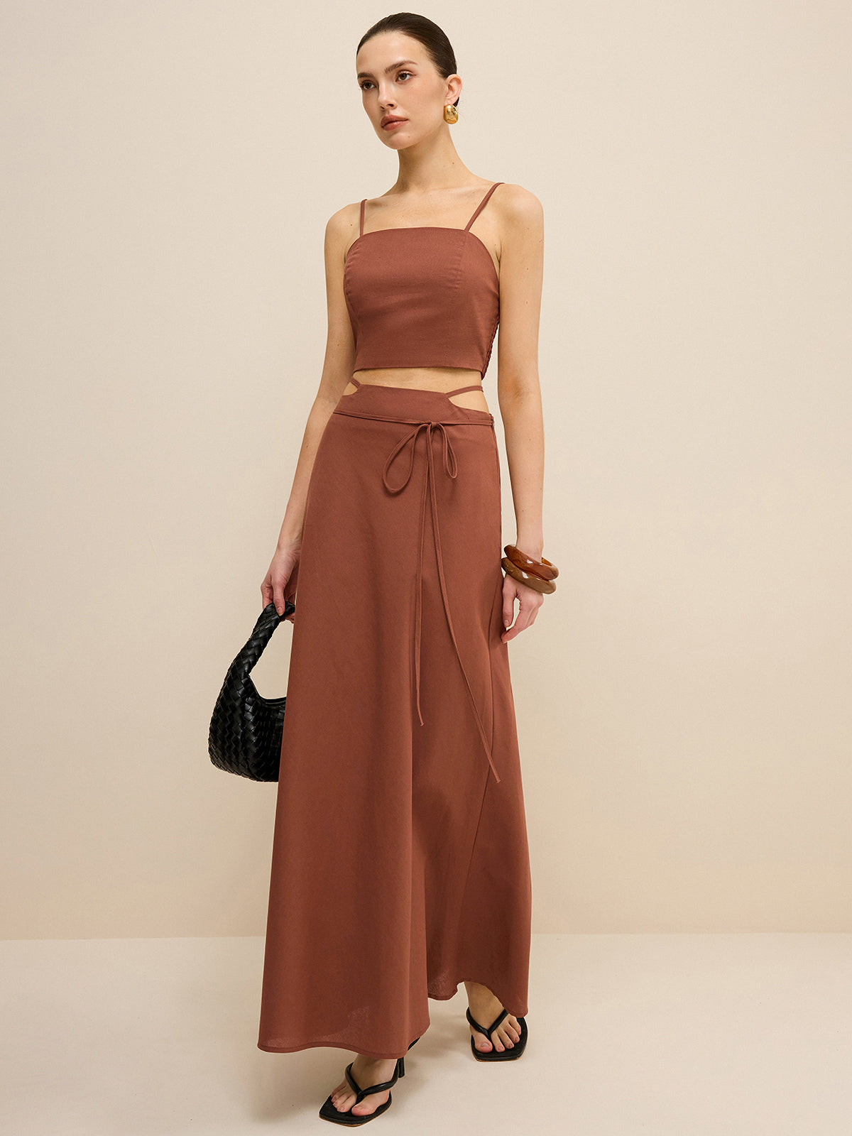 Cut-Out Waist Tie-Detail Skirt Set-Massicos