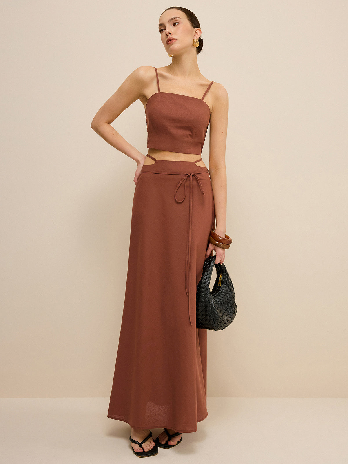 Cut-Out Waist Tie-Detail Skirt Set-Massicos