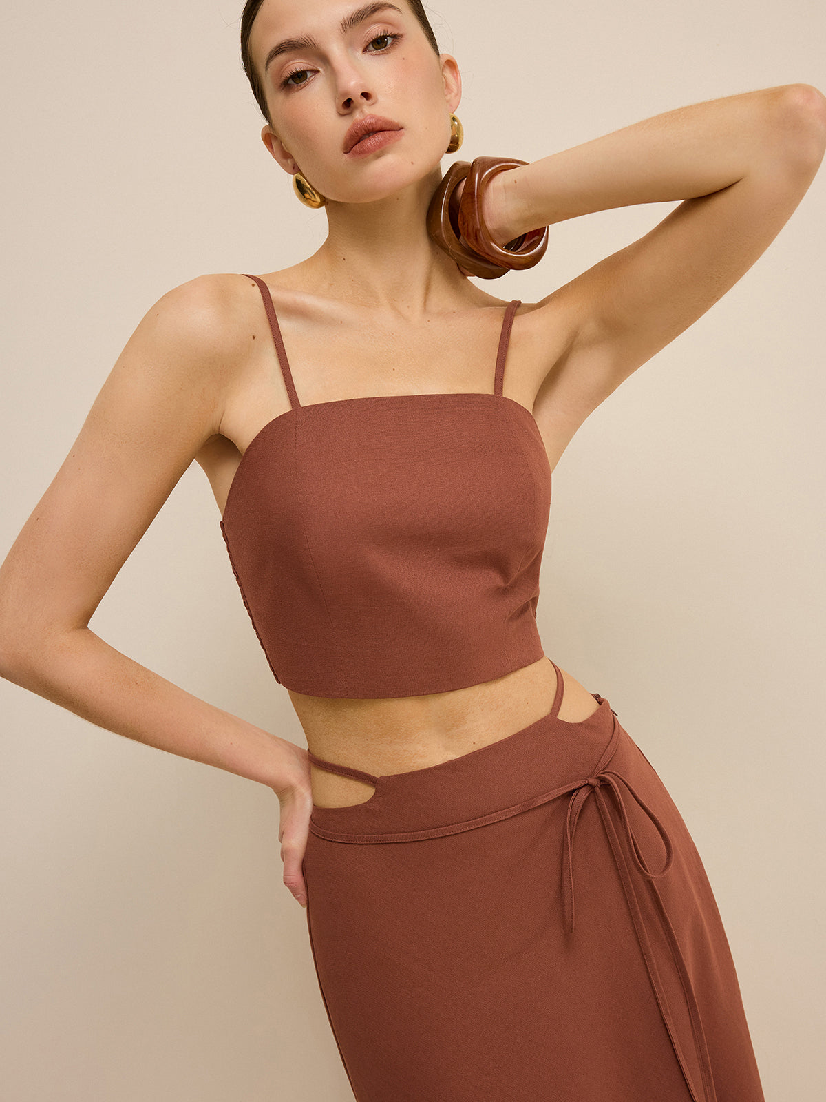 Cut-Out Waist Tie-Detail Skirt Set-Massicos