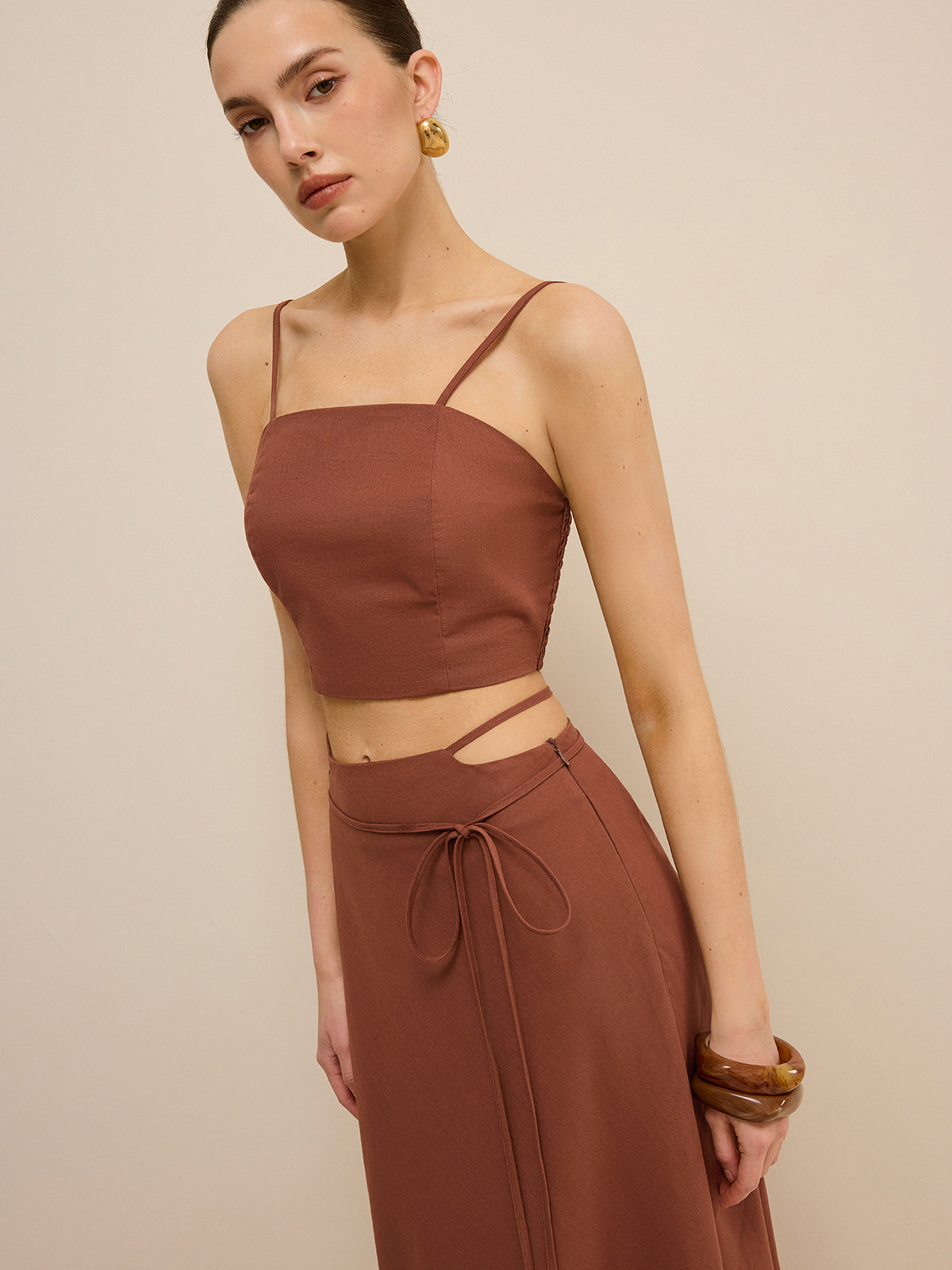Cut-Out Waist Tie-Detail Skirt Set-Massicos