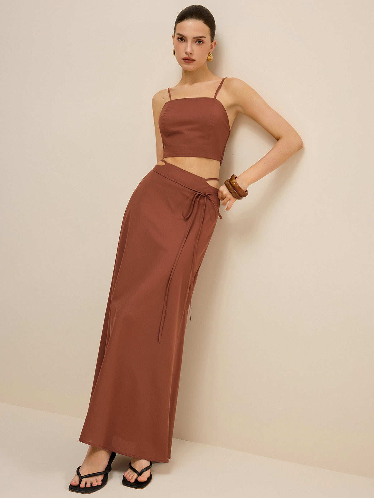 Cut-Out Waist Tie-Detail Skirt Set-Massicos