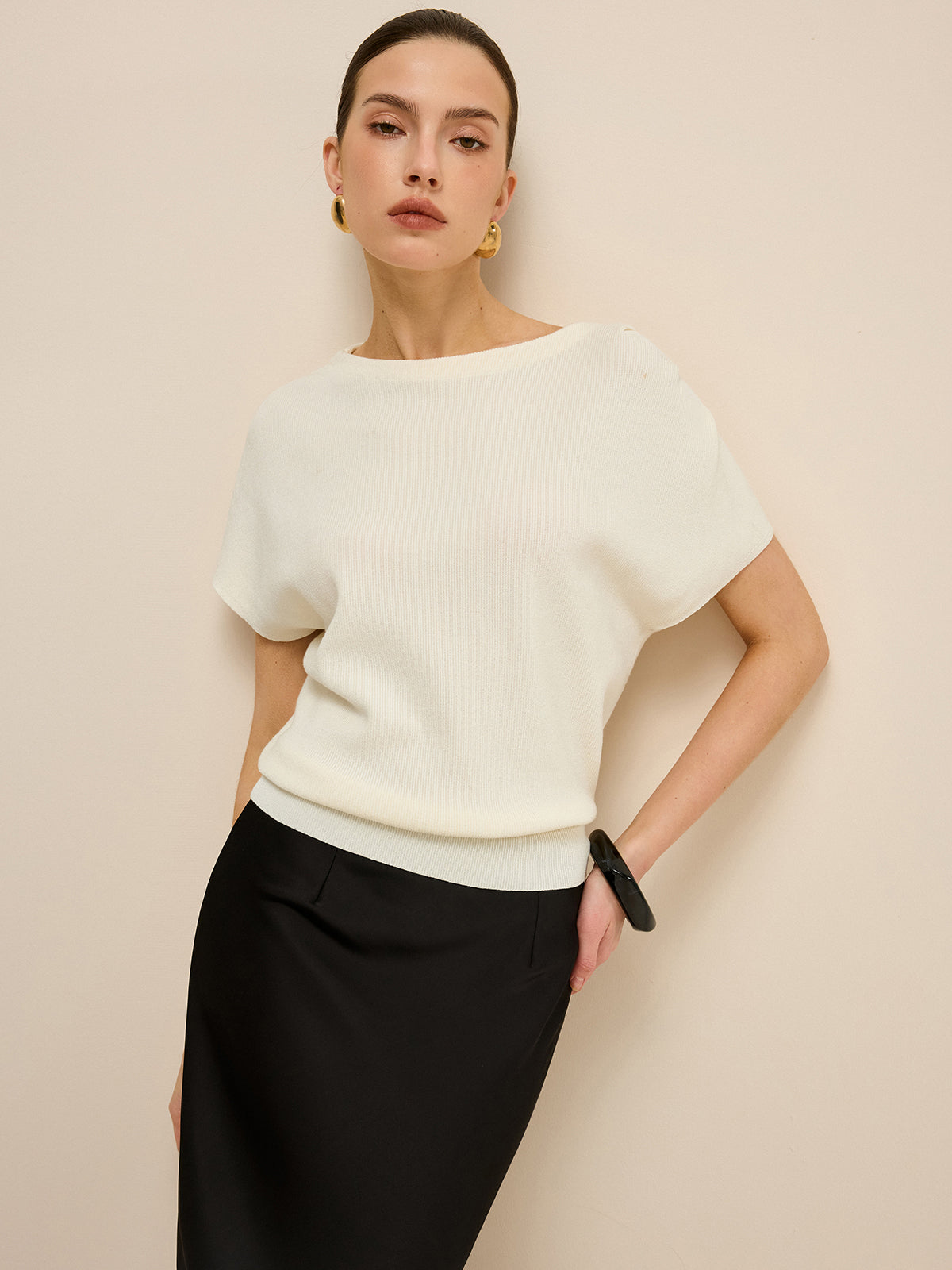 Elasticized Hem Knit Top-Massicos