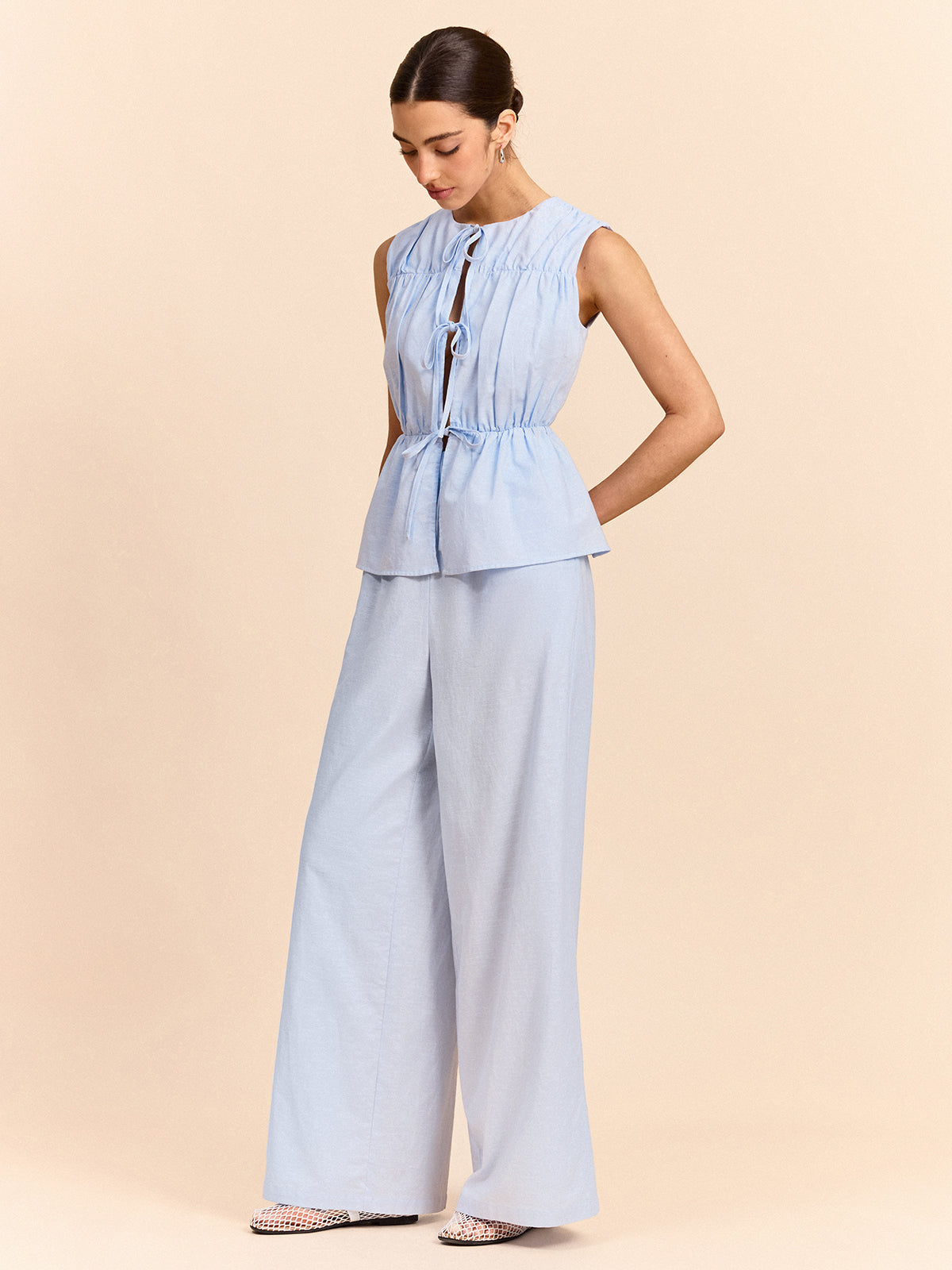Tie-Front Linen & Cotton Pants Set-Massicos
