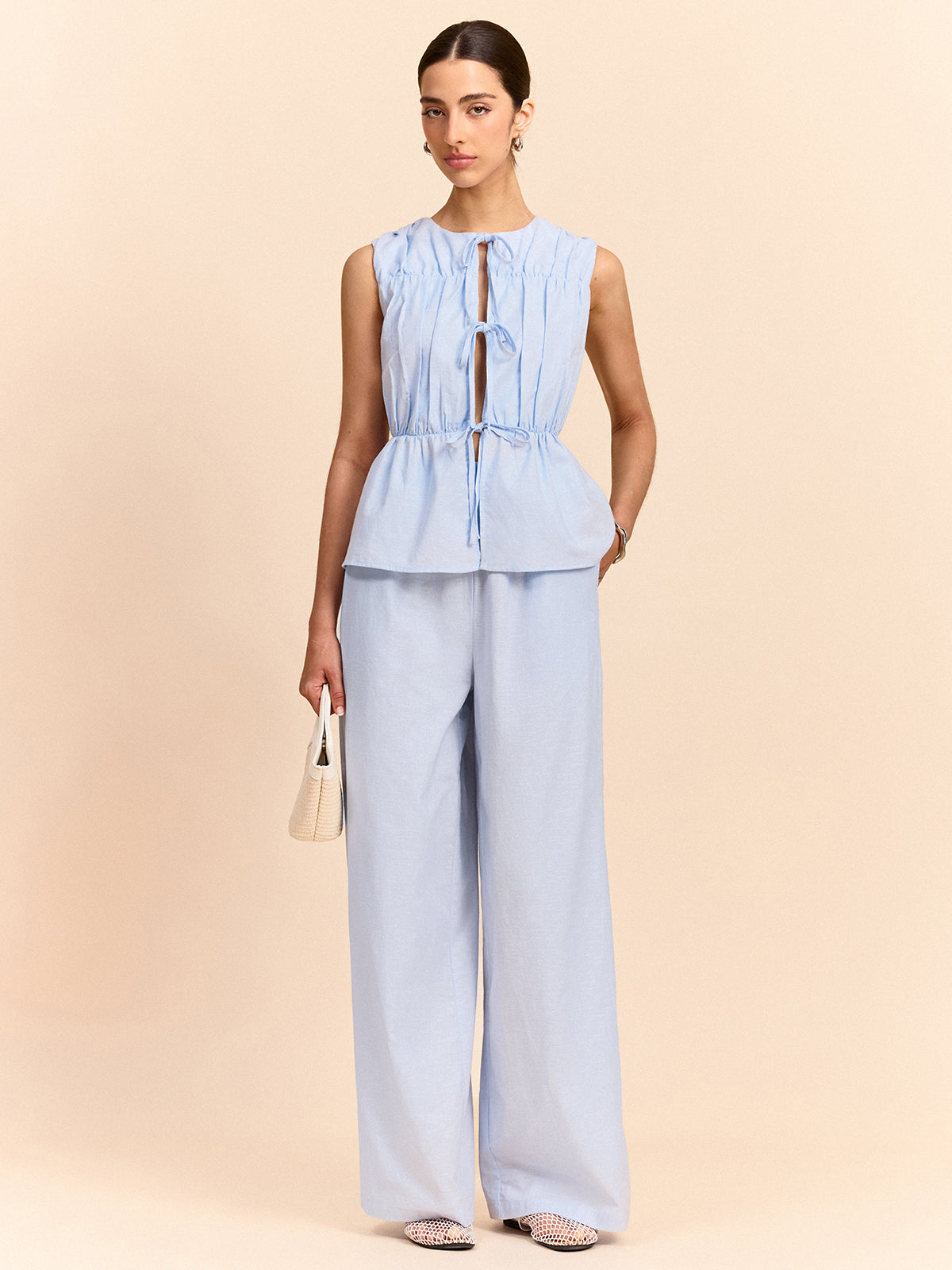 Tie-Front Linen & Cotton Pants Set-Massicos