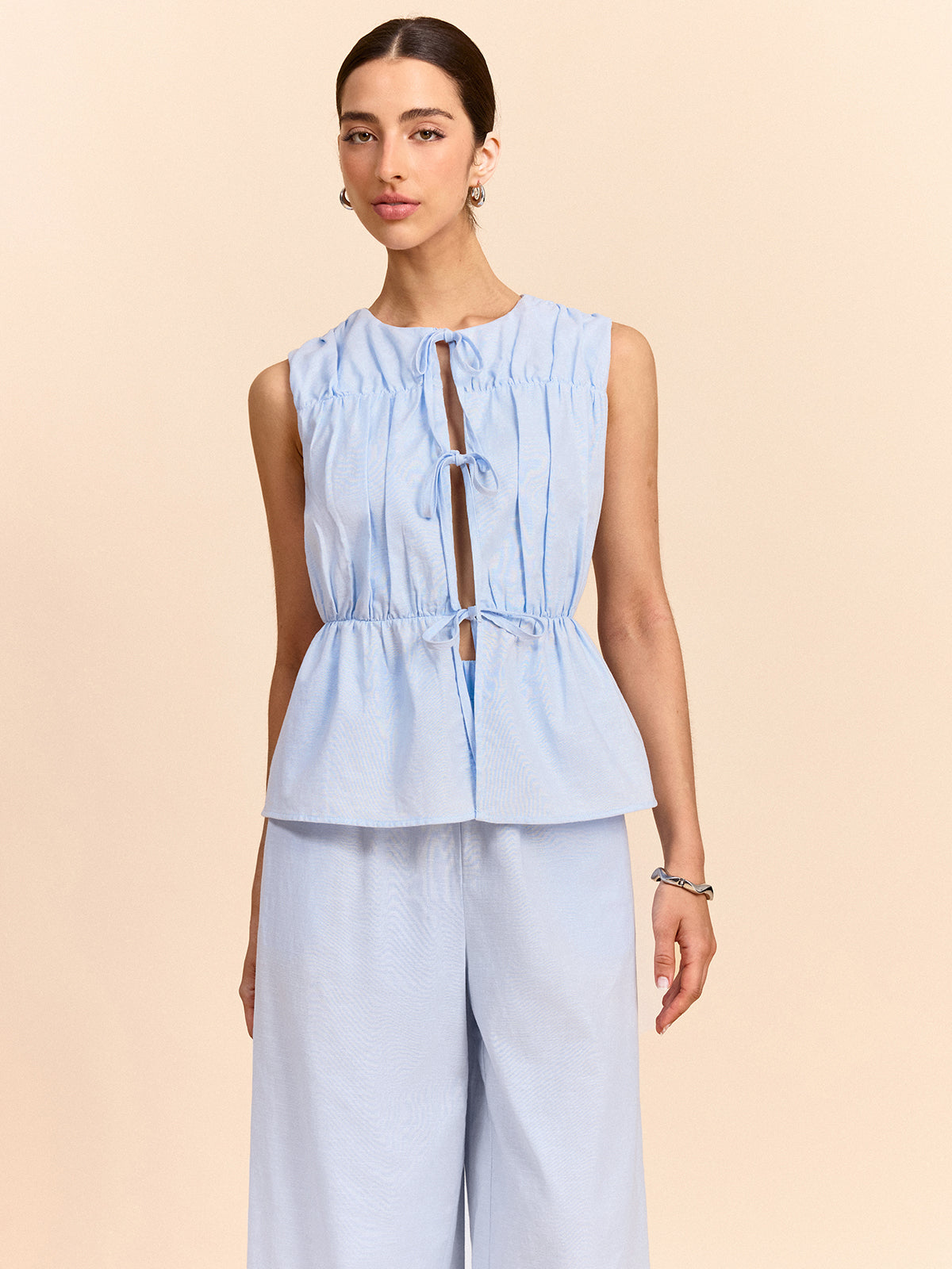 Tie-Front Linen & Cotton Pants Set-Massicos