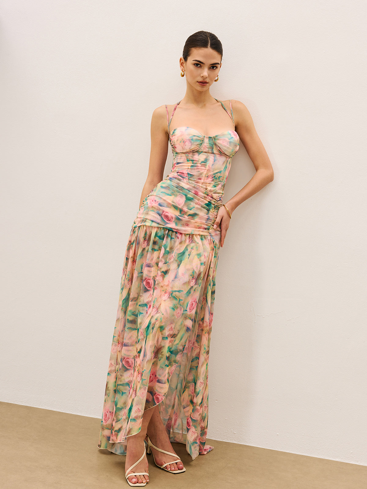 Floral Print Ruched Cami Dress With High Split-Massicos