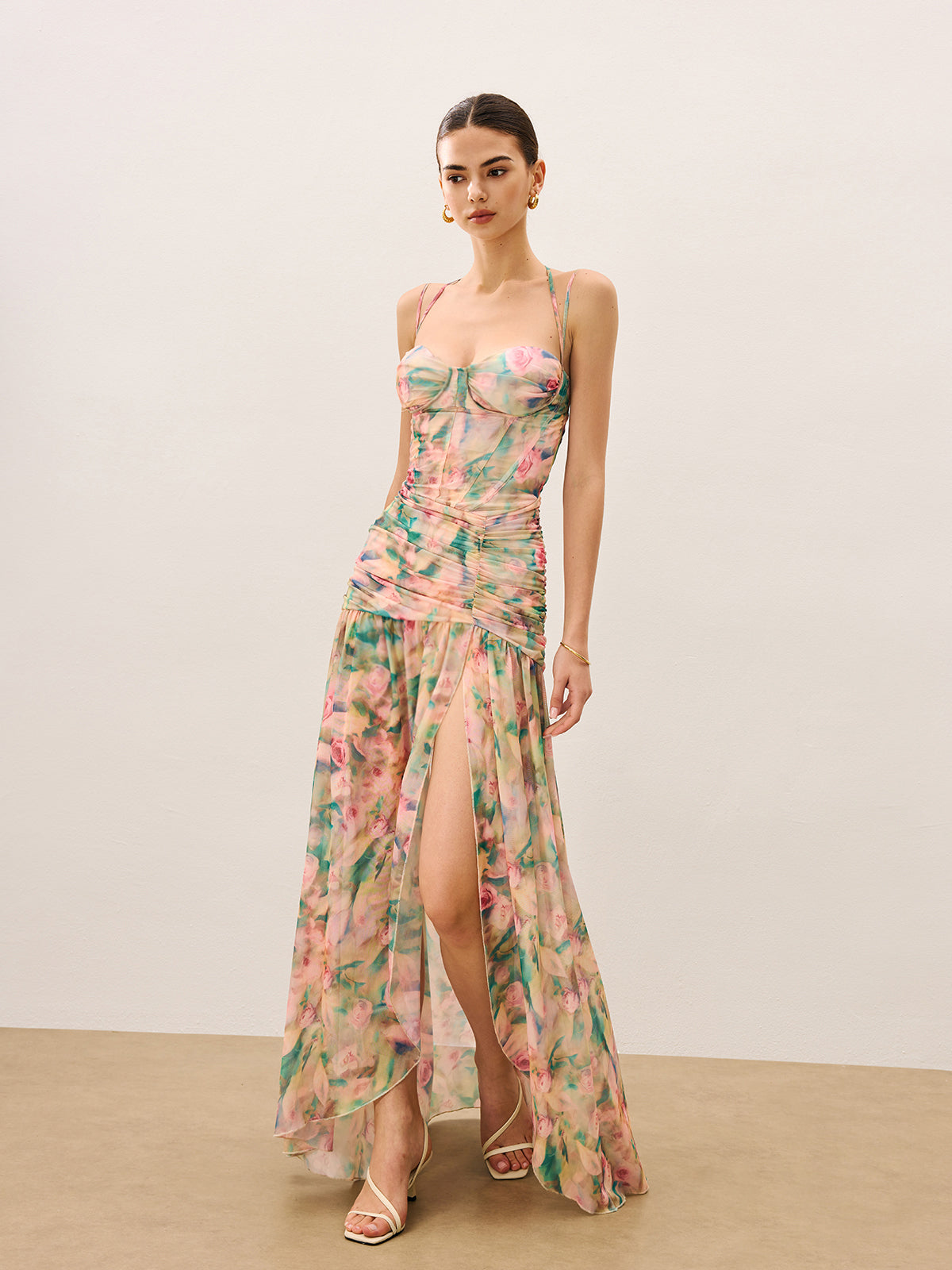 Floral Print Ruched Cami Dress With High Split-Massicos