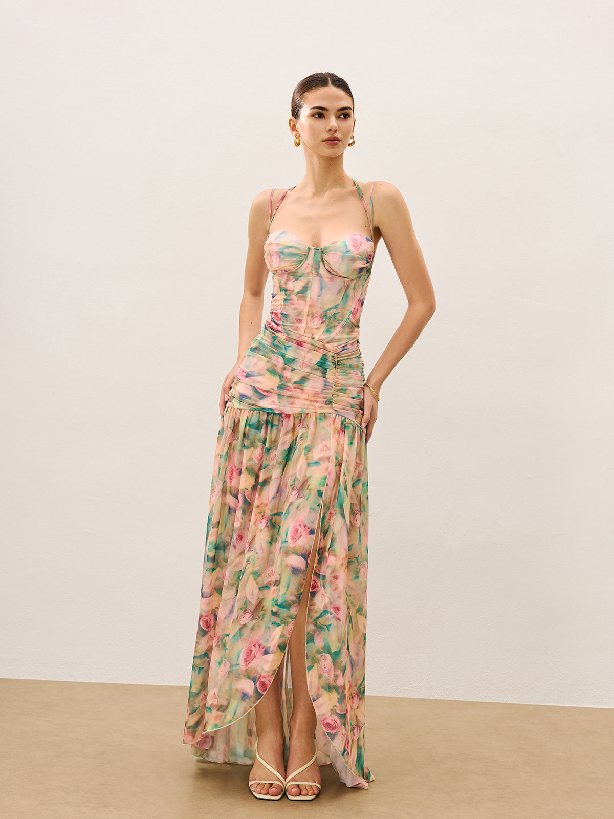 Floral Print Ruched Cami Dress With High Split-Massicos