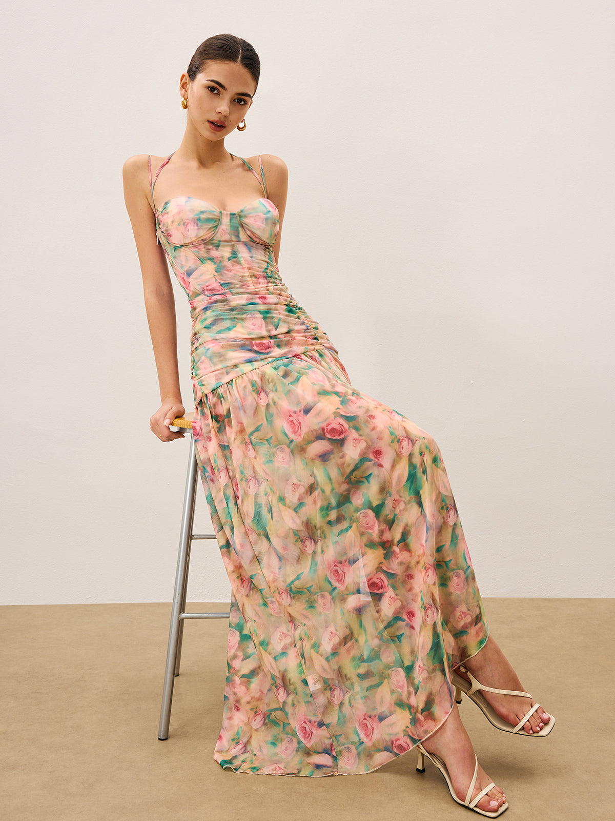 Floral Print Ruched Cami Dress With High Split-Massicos