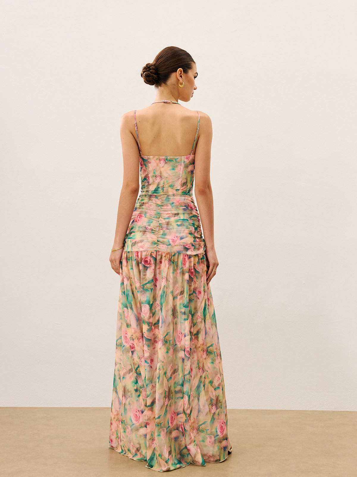 Floral Print Ruched Cami Dress With High Split-Massicos