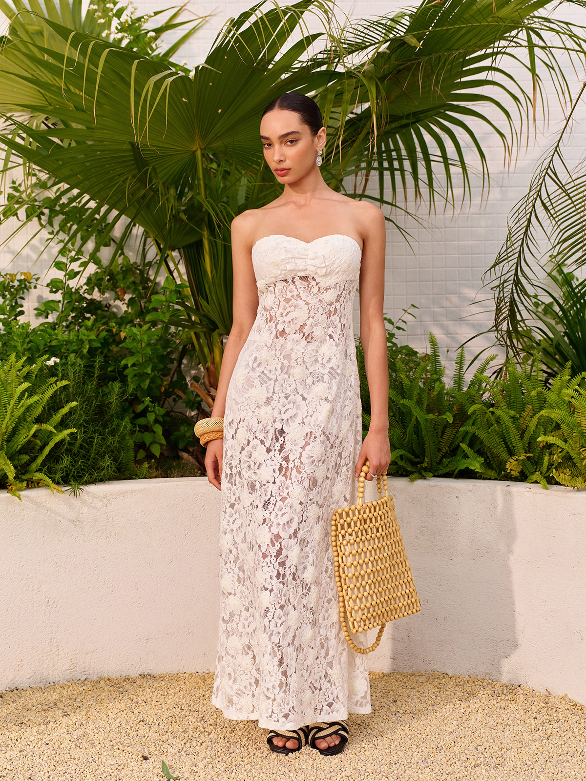 Sheer Jacquard Floral Lace Panel Strapless Dress-Massicos