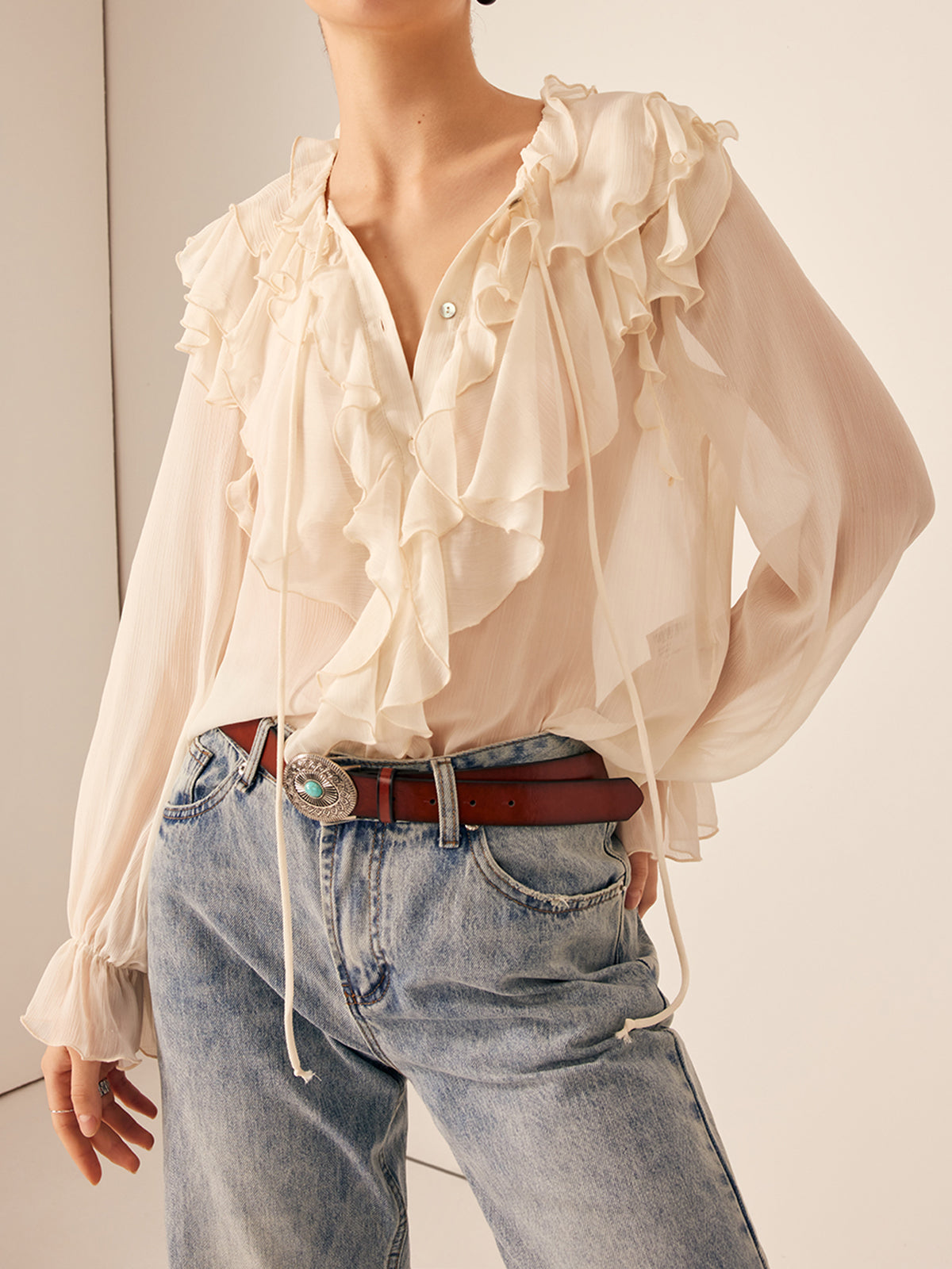 Semi-Sheer Ruffle Chiffon Breasted Blouse-Massicos