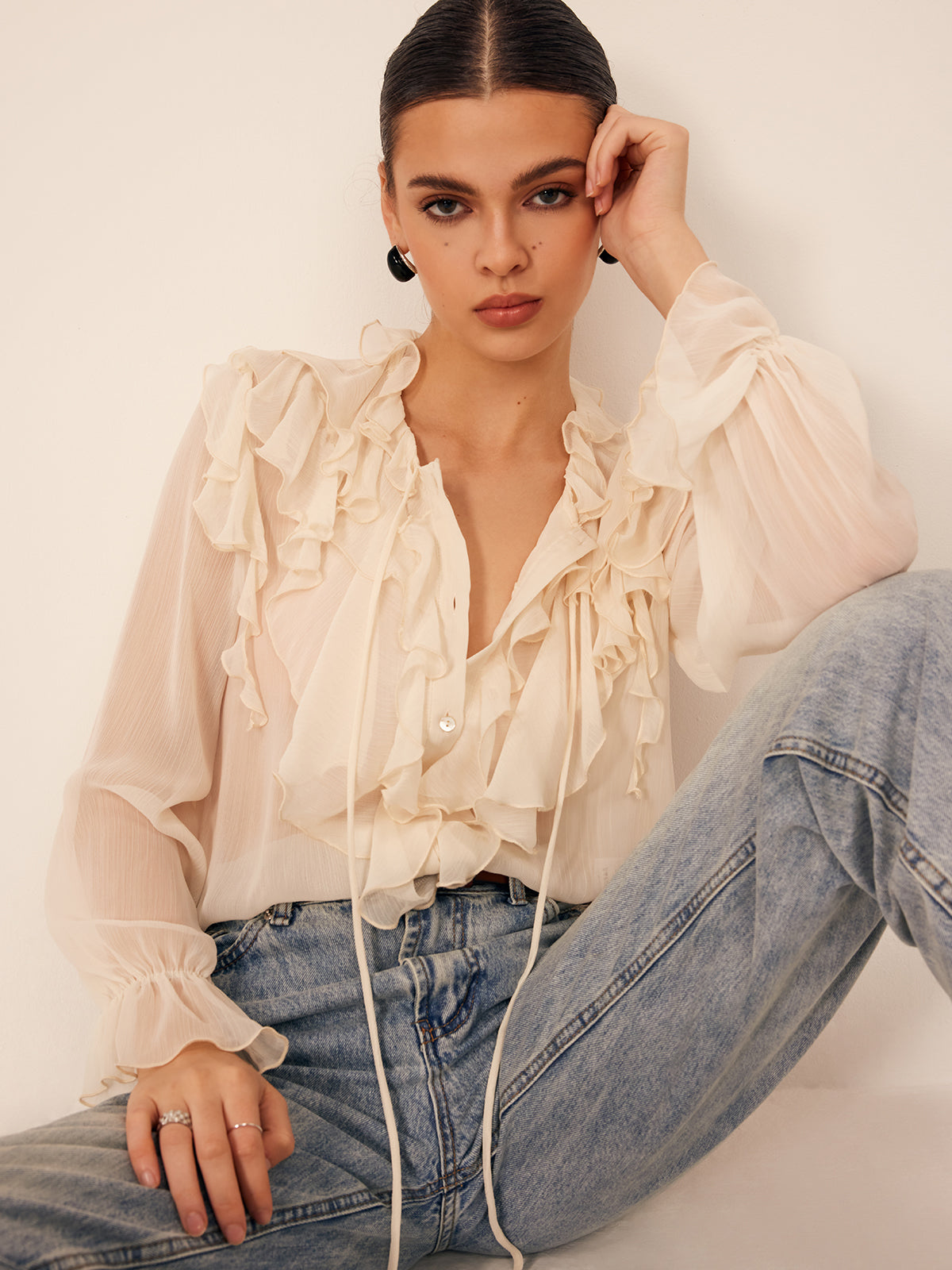 Semi-Sheer Ruffle Chiffon Breasted Blouse-Massicos