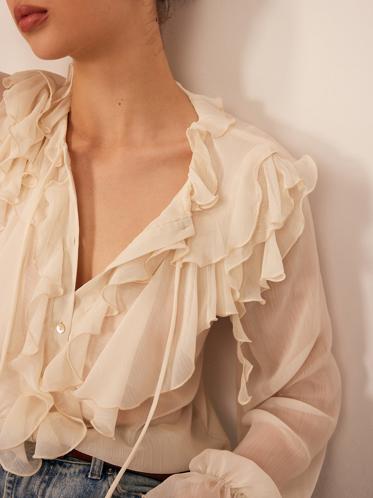 Semi-Sheer Ruffle Chiffon Breasted Blouse-Massicos