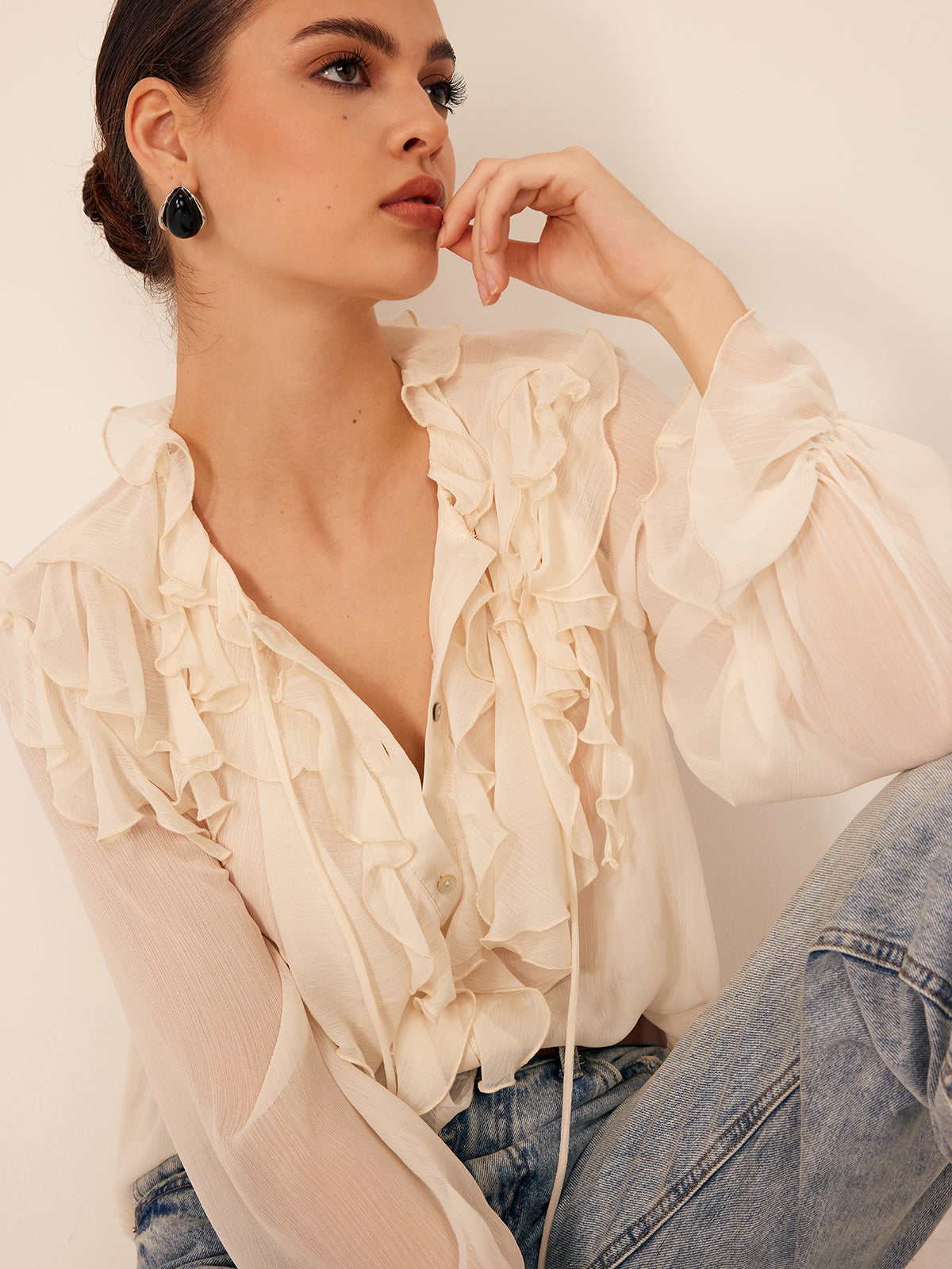 Semi-Sheer Ruffle Chiffon Breasted Blouse-Massicos