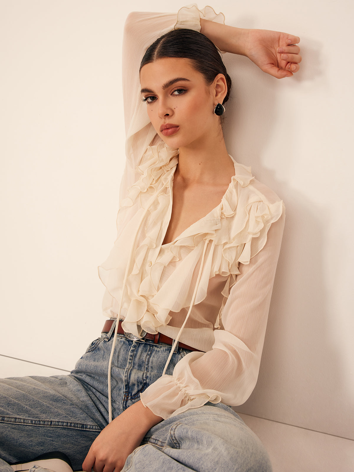 Semi-Sheer Ruffle Chiffon Breasted Blouse-Massicos