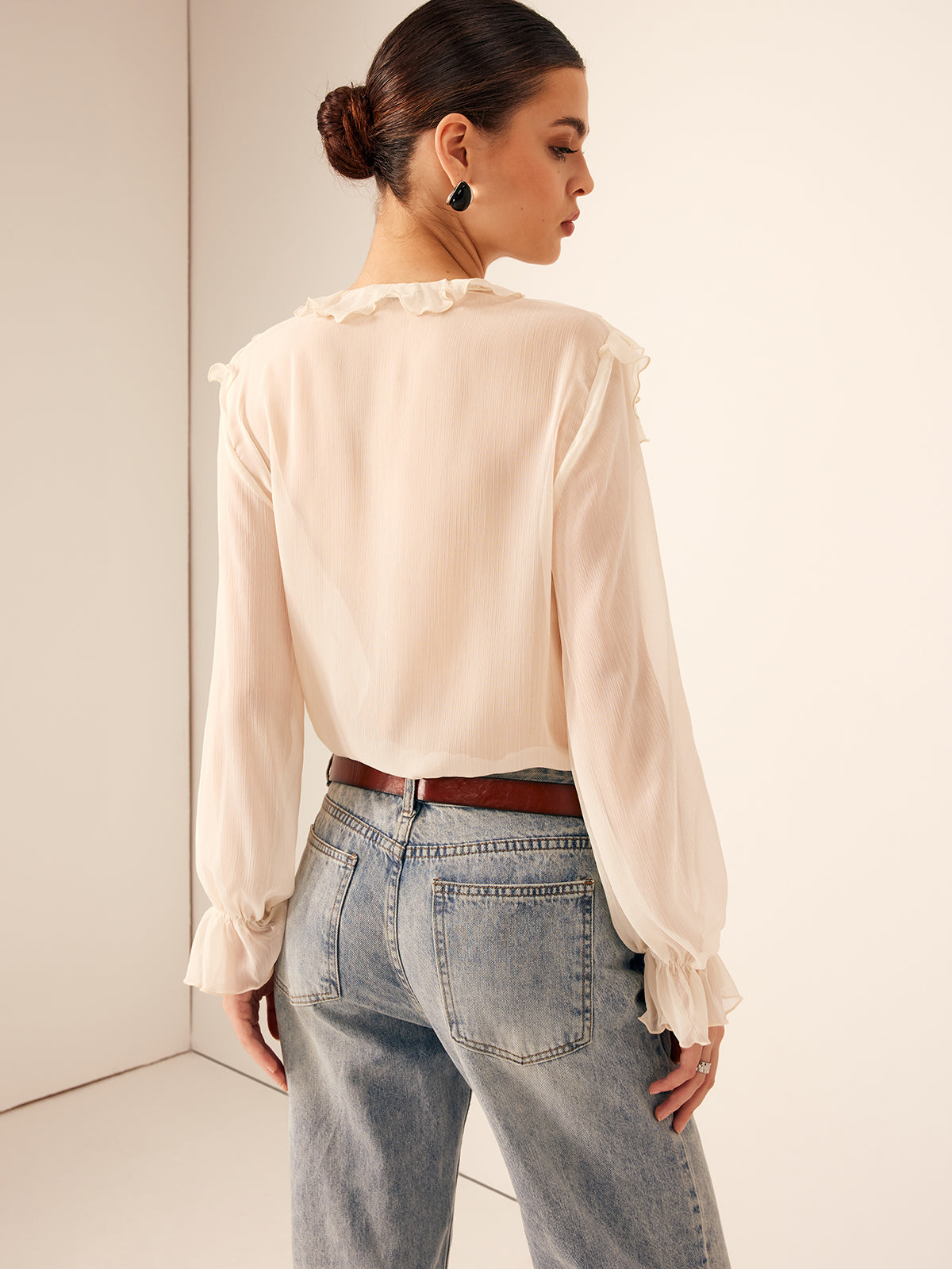 Semi-Sheer Ruffle Chiffon Breasted Blouse-Massicos