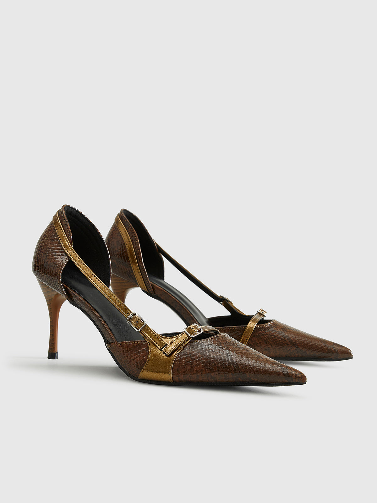 Snakeskin Printed Buckle Pumps-Massicos