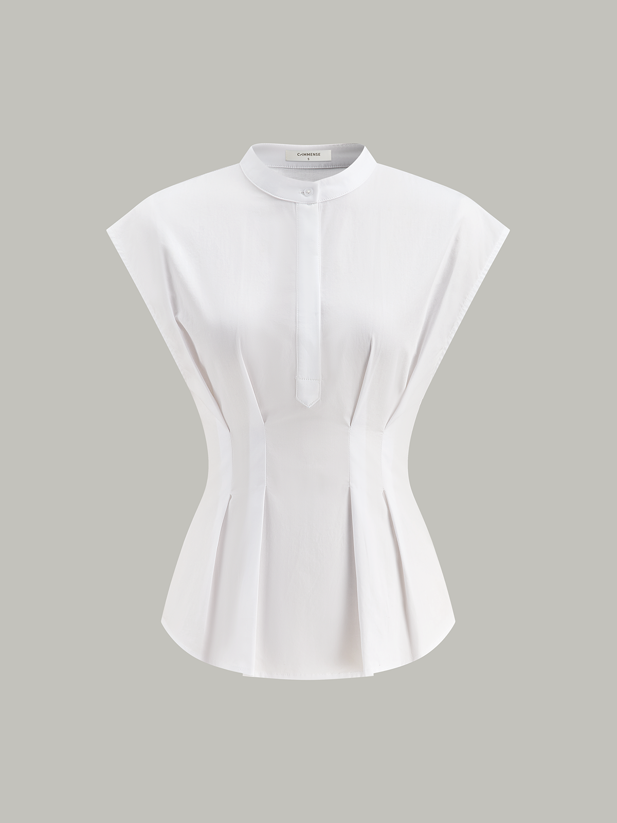 Mandarin-Collar Cap-Sleeve Peplum Shirt-Massicos