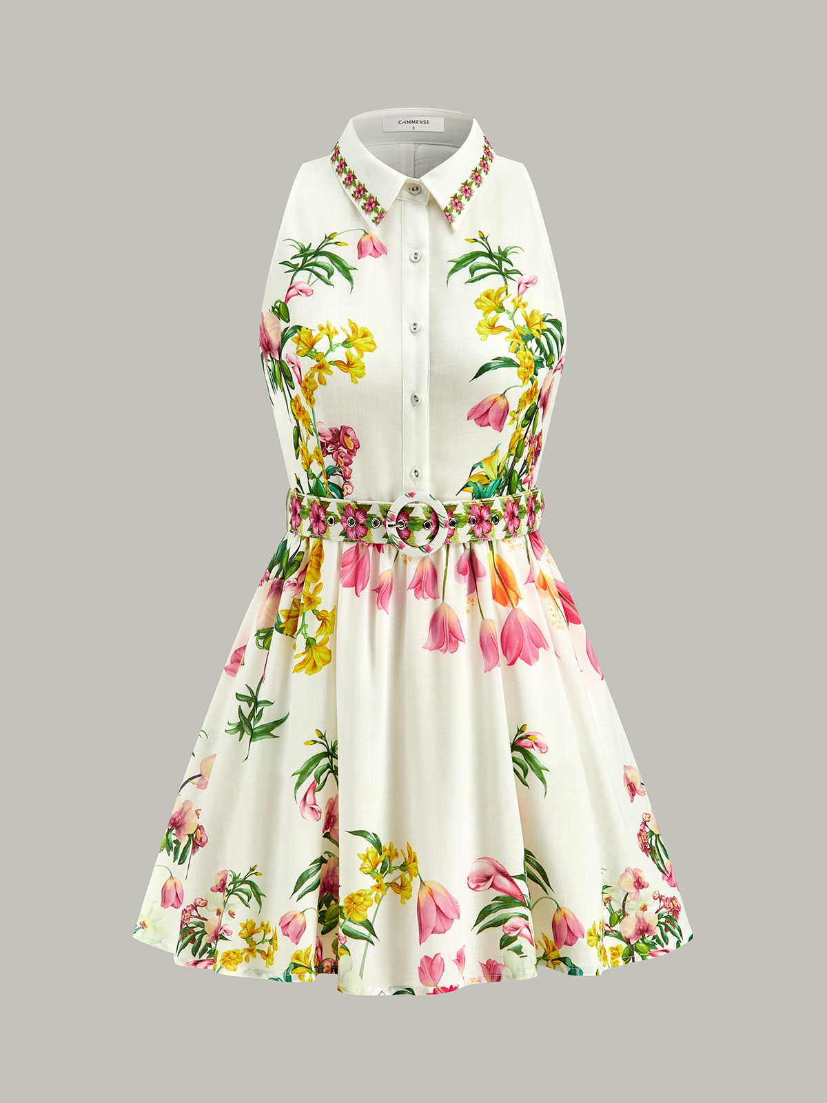 Floral Print Belted Mini Dress-Massicos