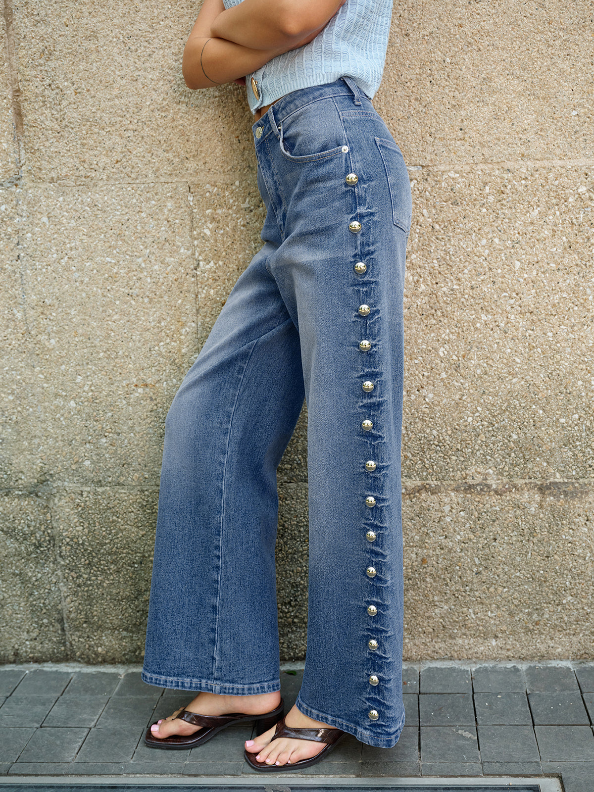 Buttoned Side Detail Pocketed Jeans-Massicos
