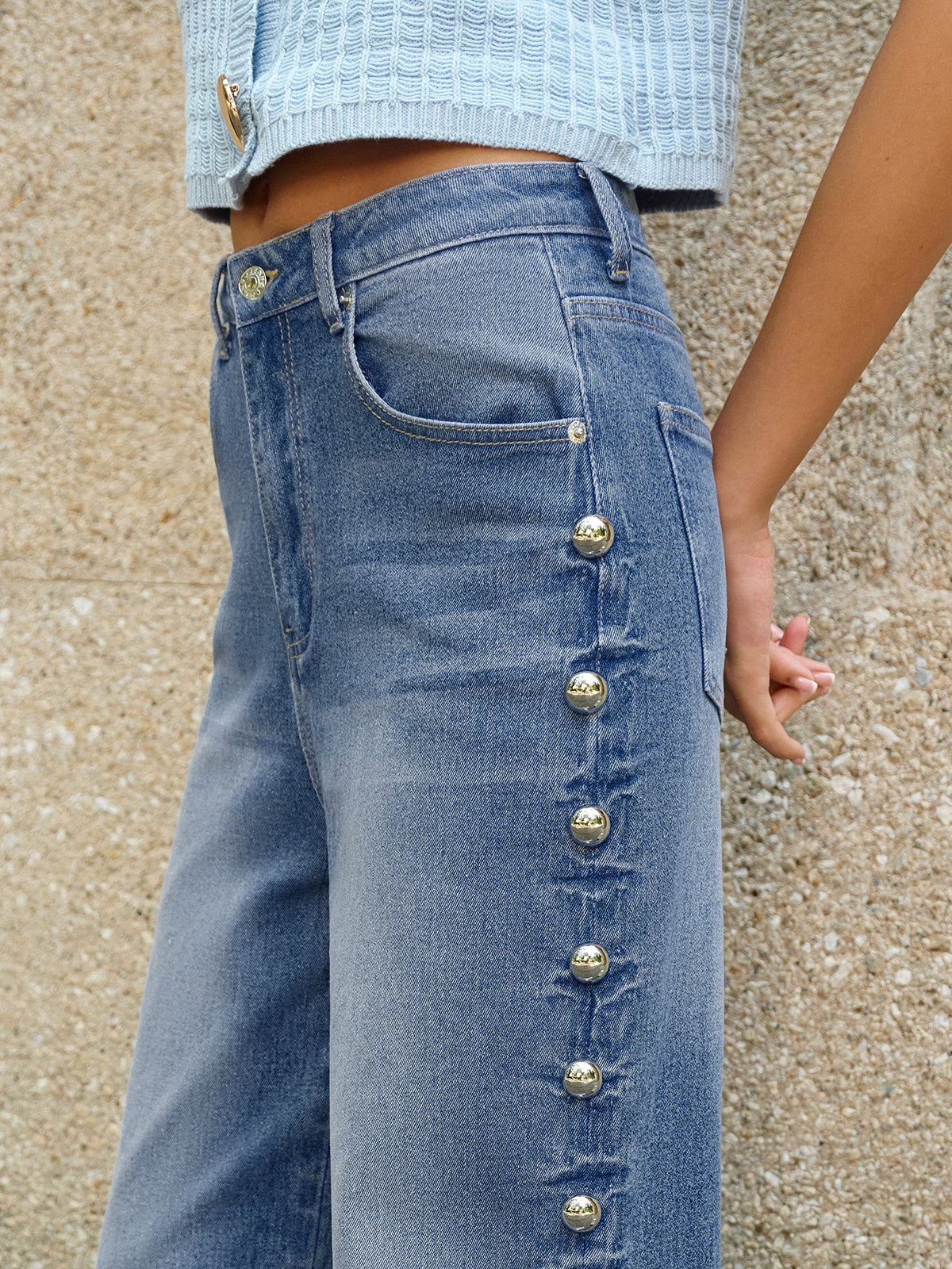 Buttoned Side Detail Pocketed Jeans-Massicos