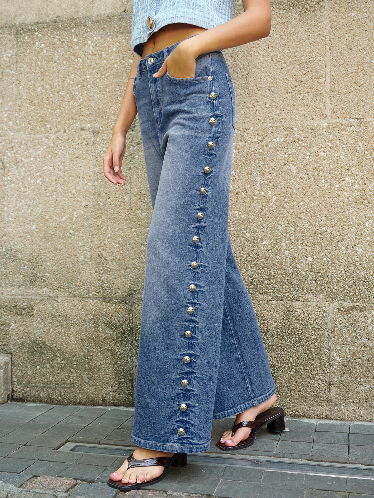 Buttoned Side Detail Pocketed Jeans-Massicos