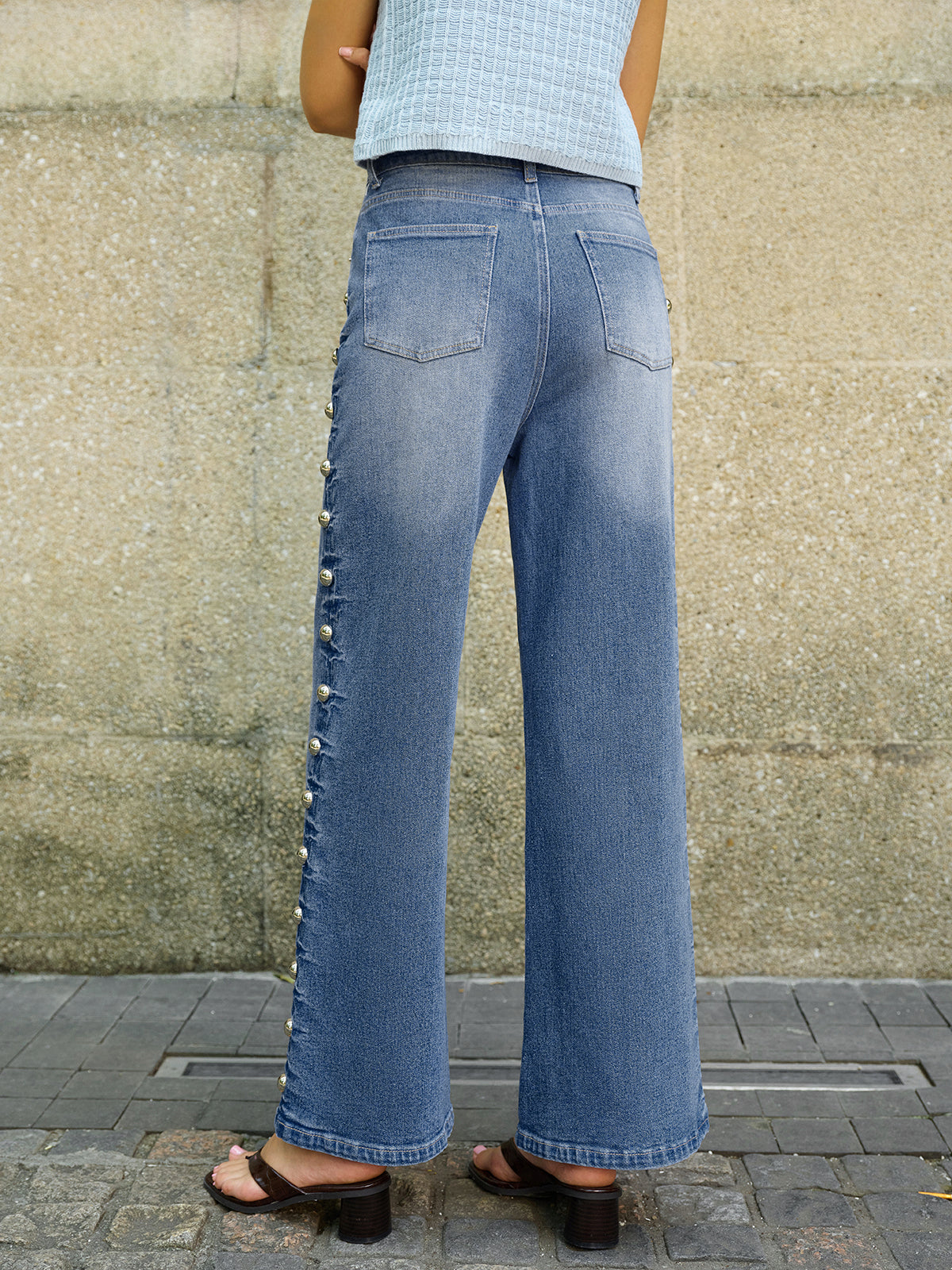Buttoned Side Detail Pocketed Jeans-Massicos