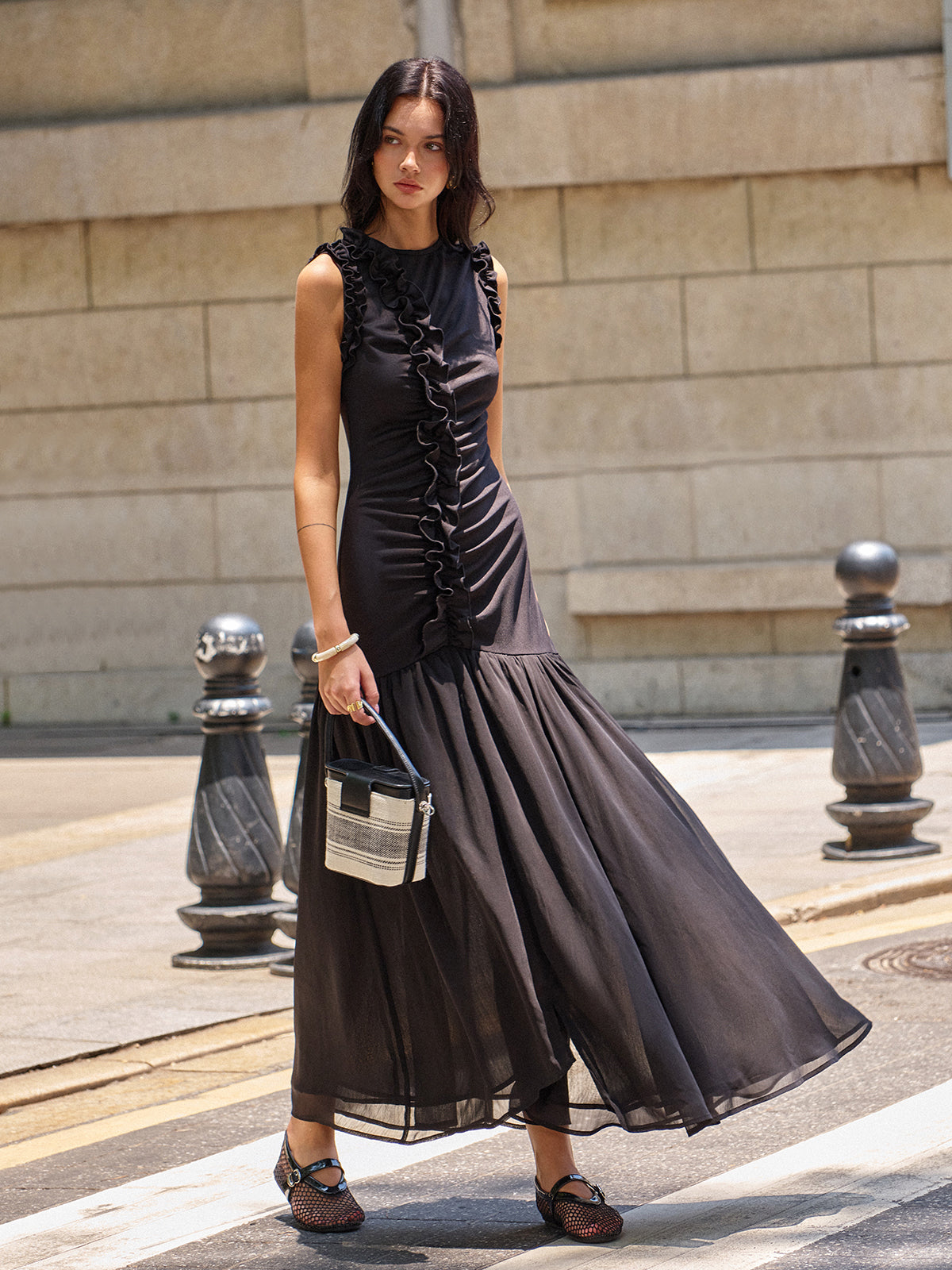 Ruffled Detail Ruched-Front Maxi Dress-Massicos