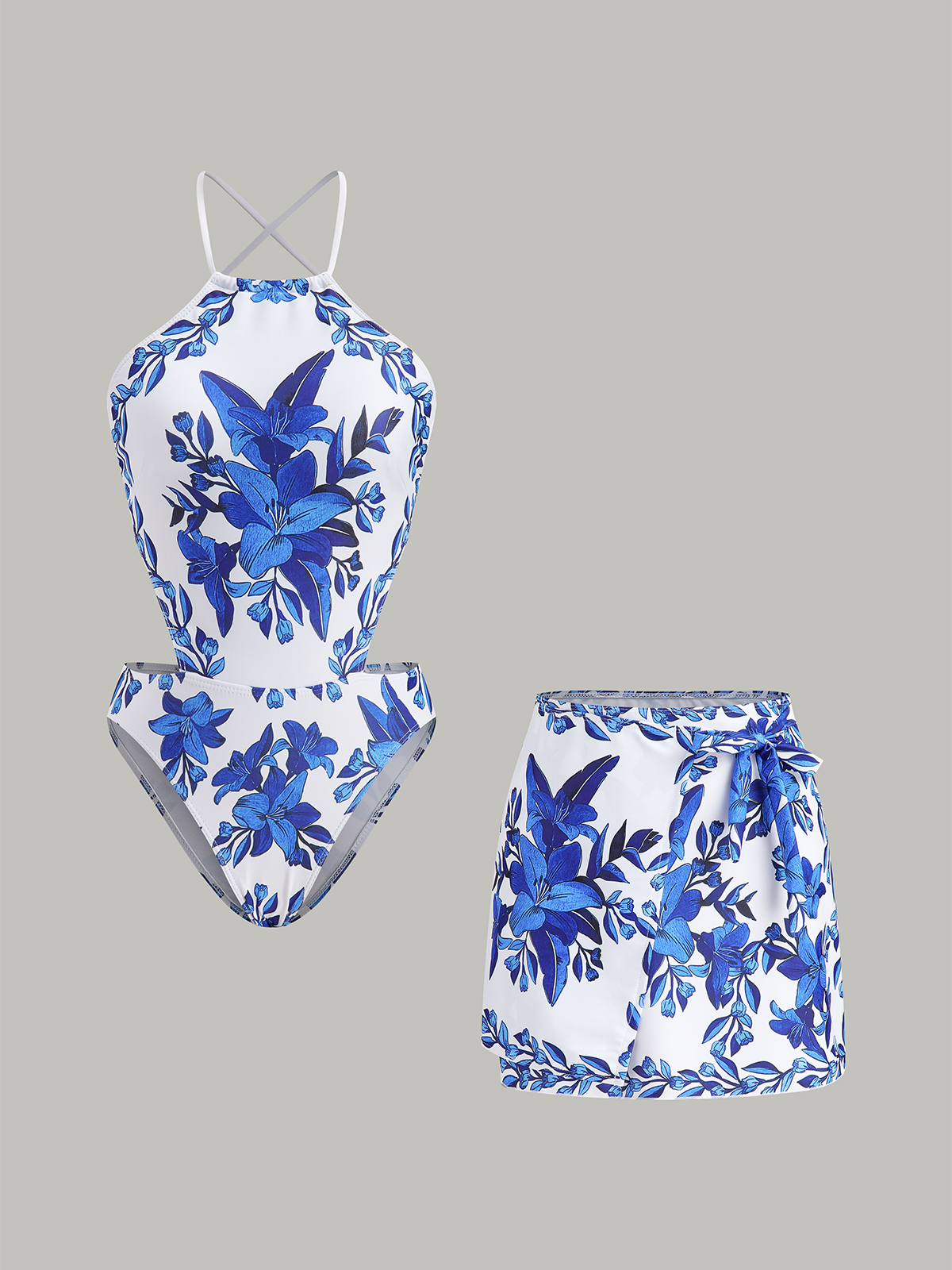 Floral Print Back Tie One-Piece Swimsuit With Cover-Up Skirt-Massicos