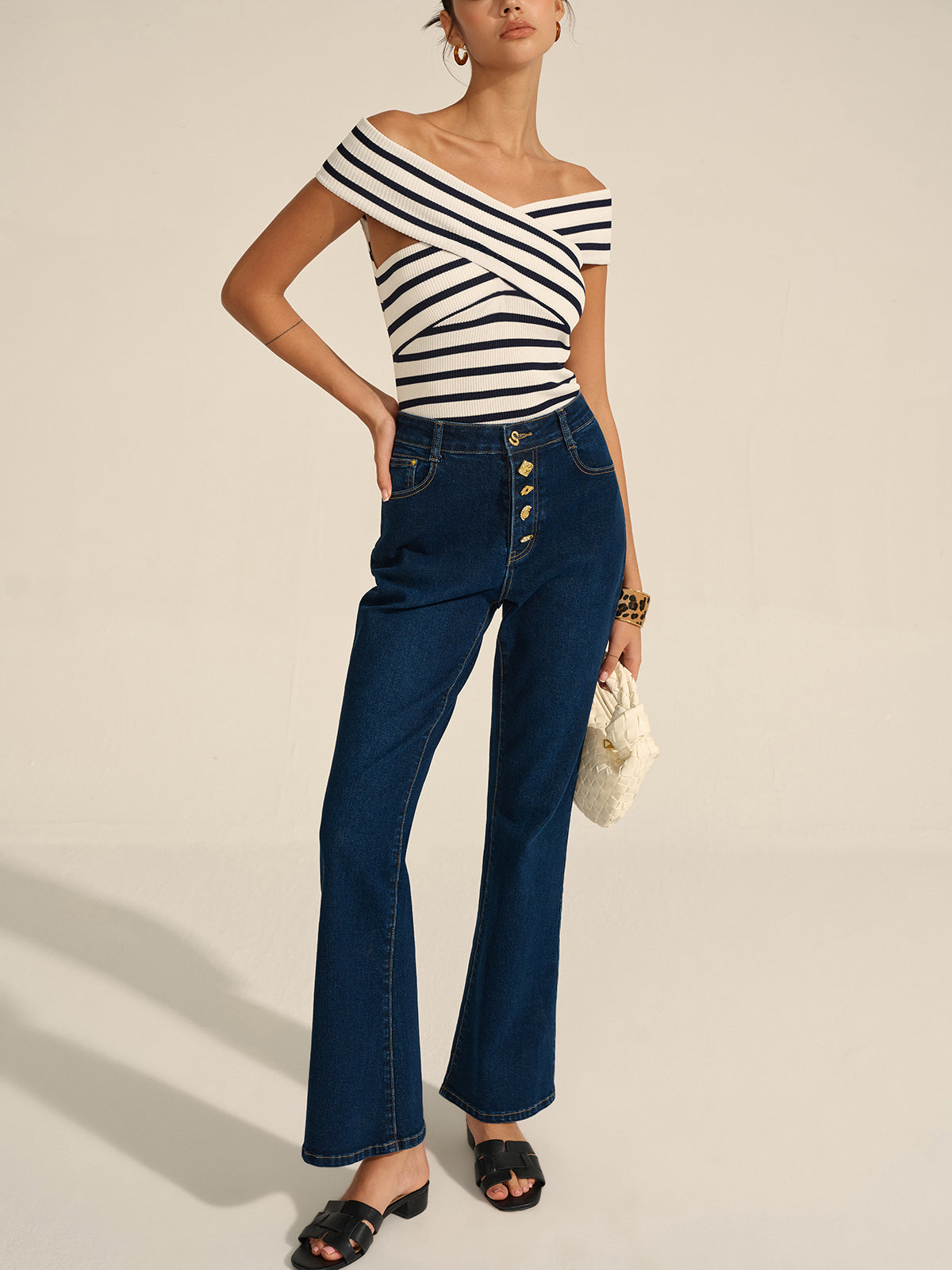 Denim Metal Decor Flared Pants-Massicos