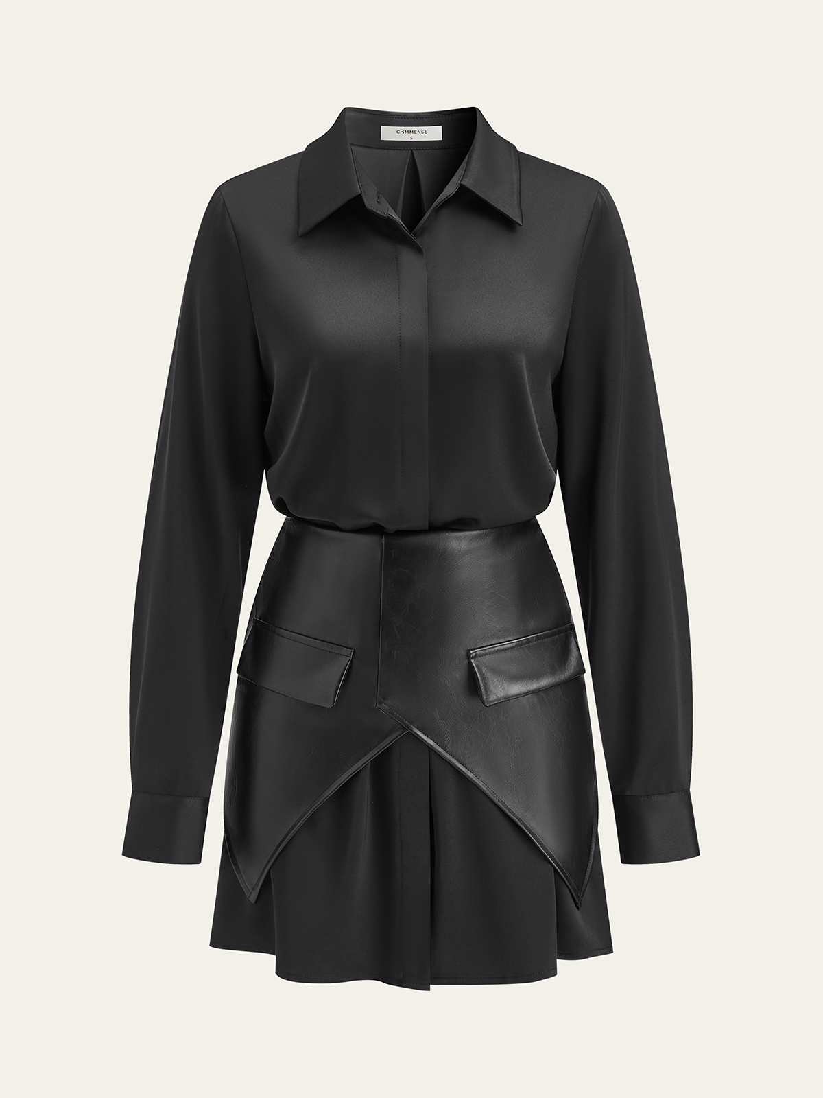 Satin Shirt Dress with Faux Leather Overlay-Massicos