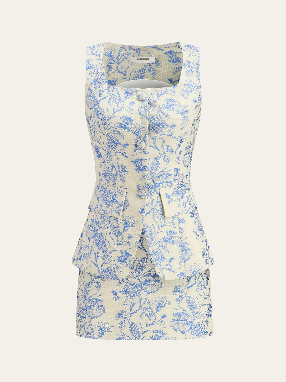 Jacquard Square-Neck Decor-Pockets Skirt Set-Massicos
