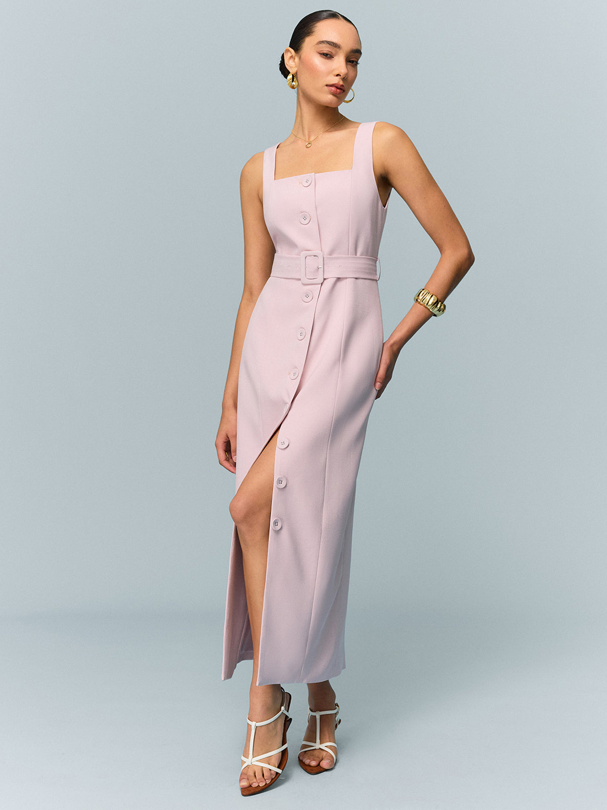 Belted Button-Front Maxi Dress-Massicos