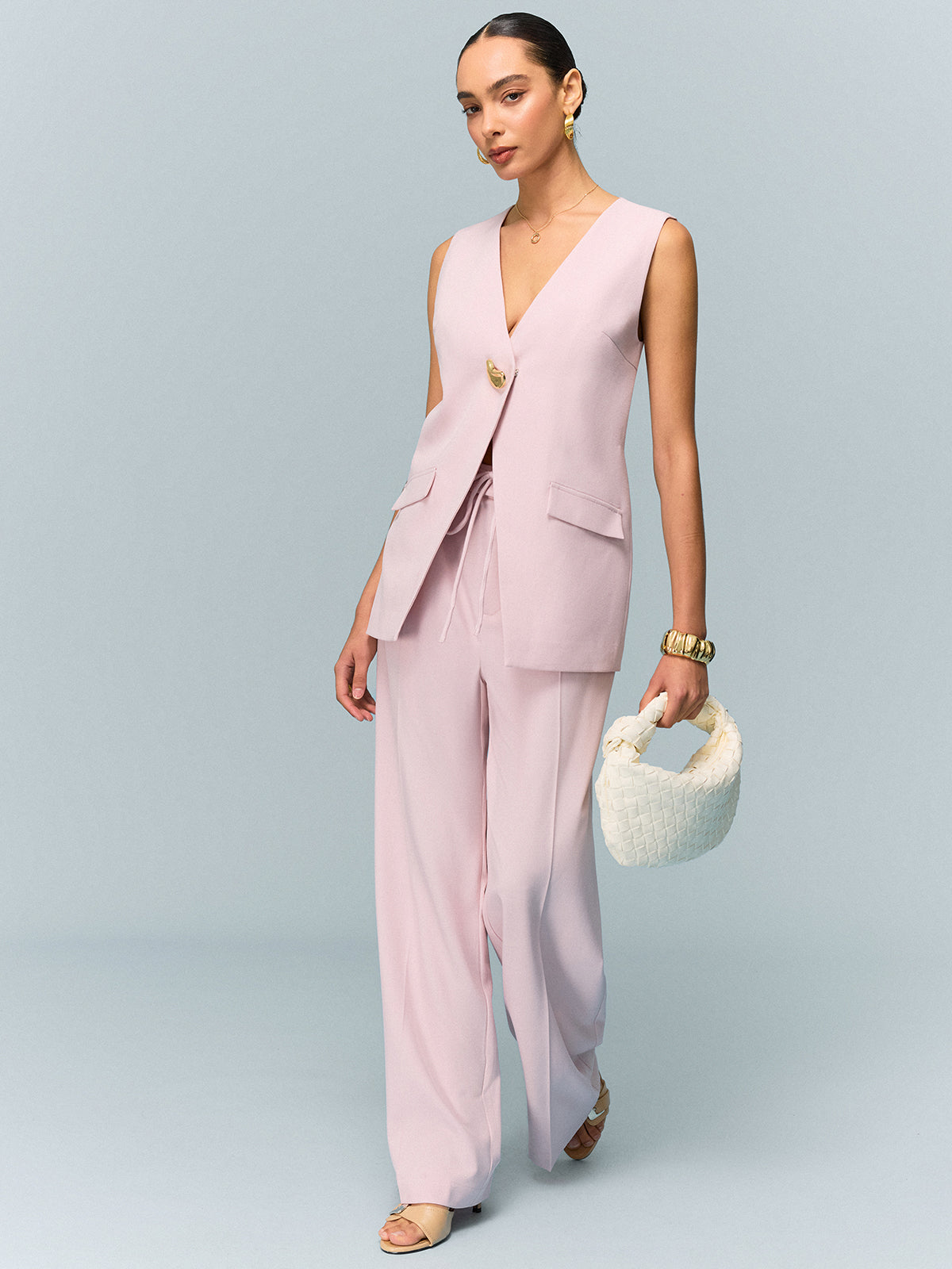 Mid-Waisted Wide-Leg Pants with Tie Detail-Massicos