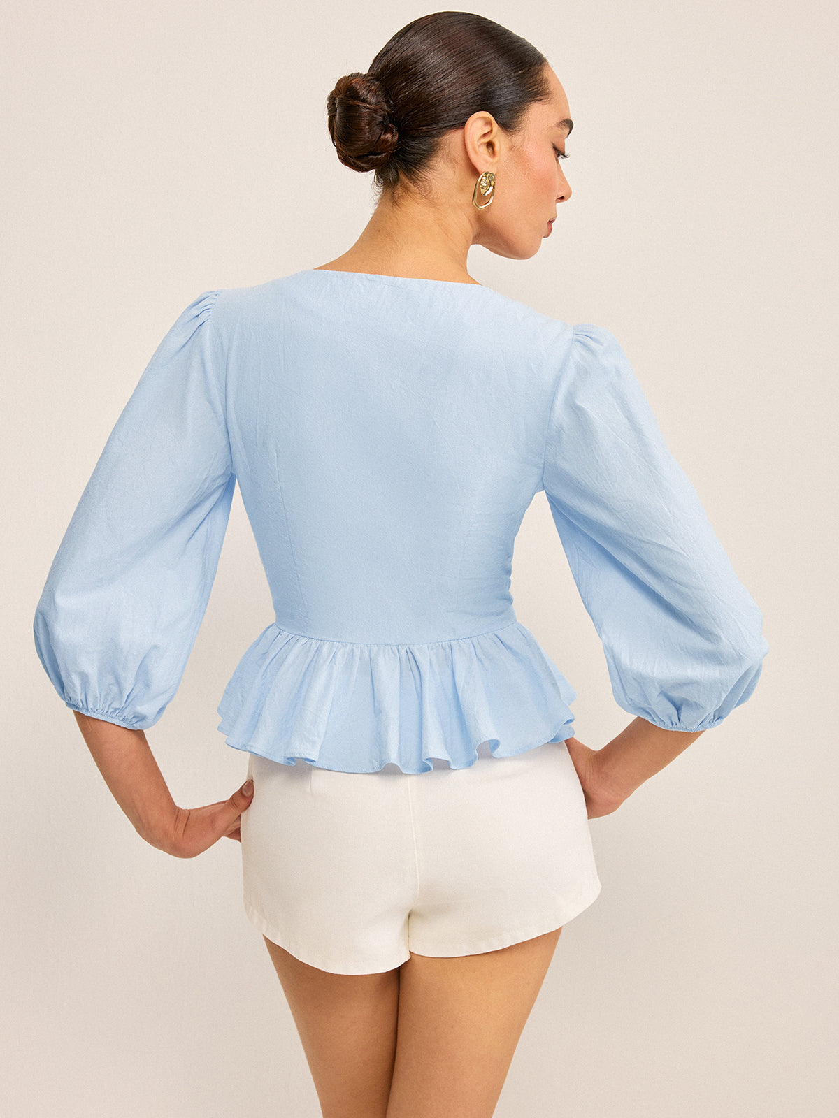 Scalloped V-Neck Peplum Top with Puff Sleeves-Massicos