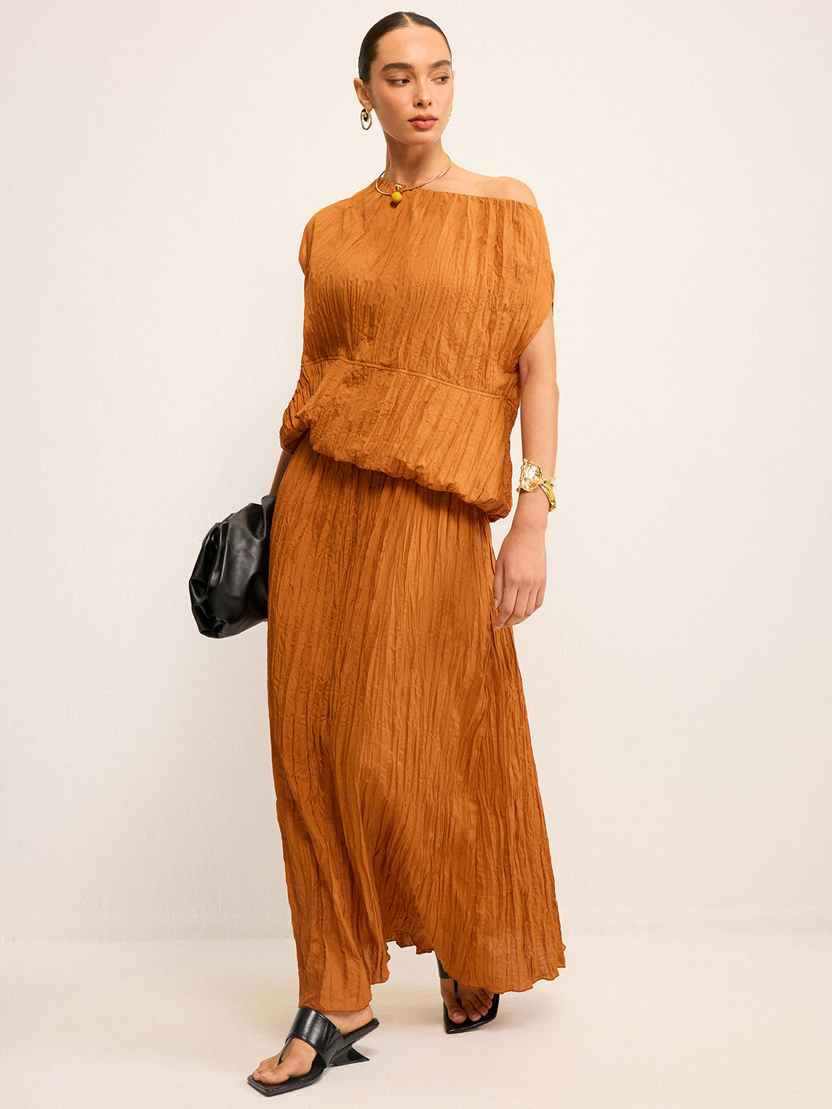 Oversized Textured Off-Shoulder Top and Maxi Skirt Set-Massicos