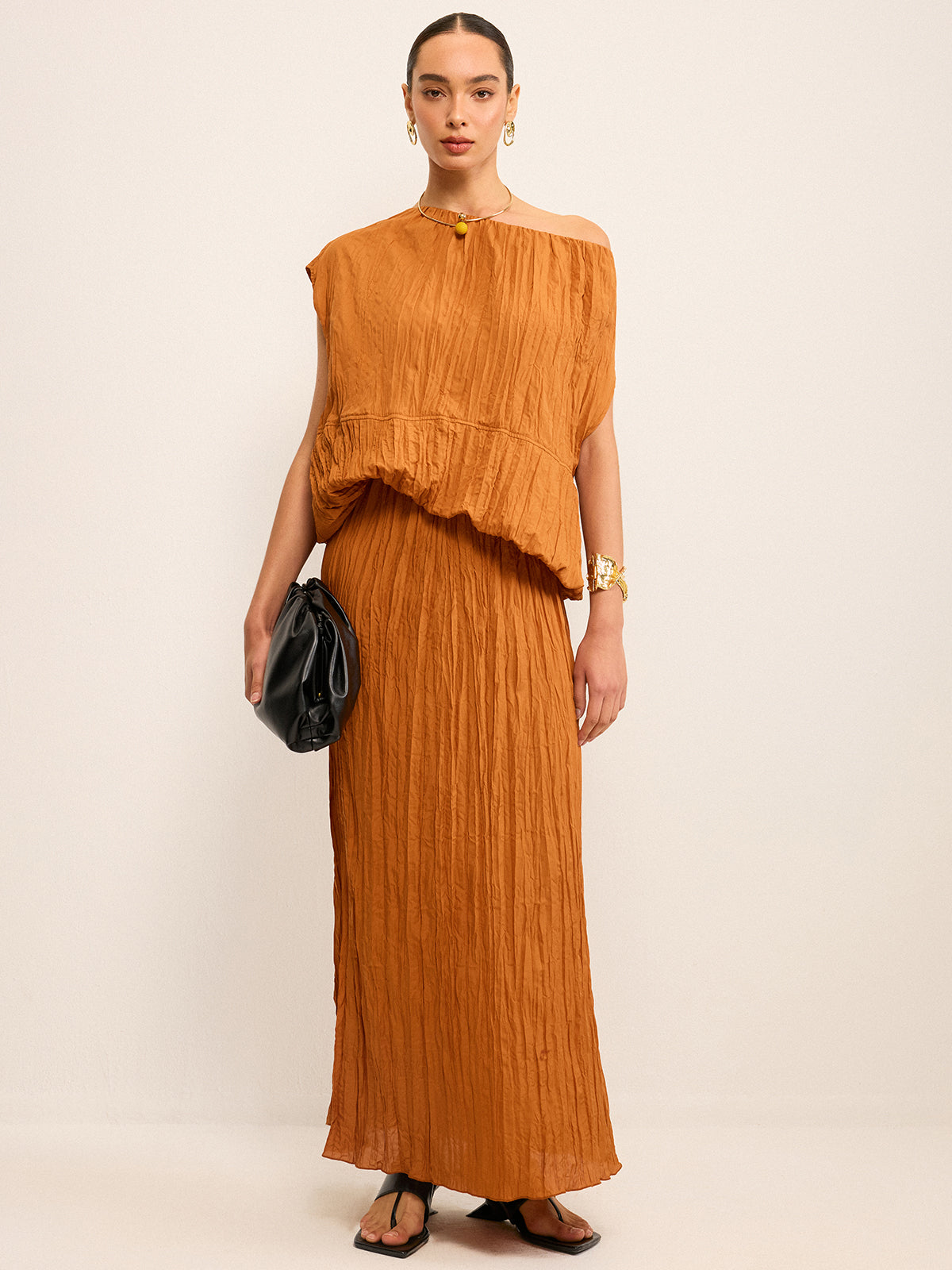 Oversized Textured Off-Shoulder Top and Maxi Skirt Set-Massicos