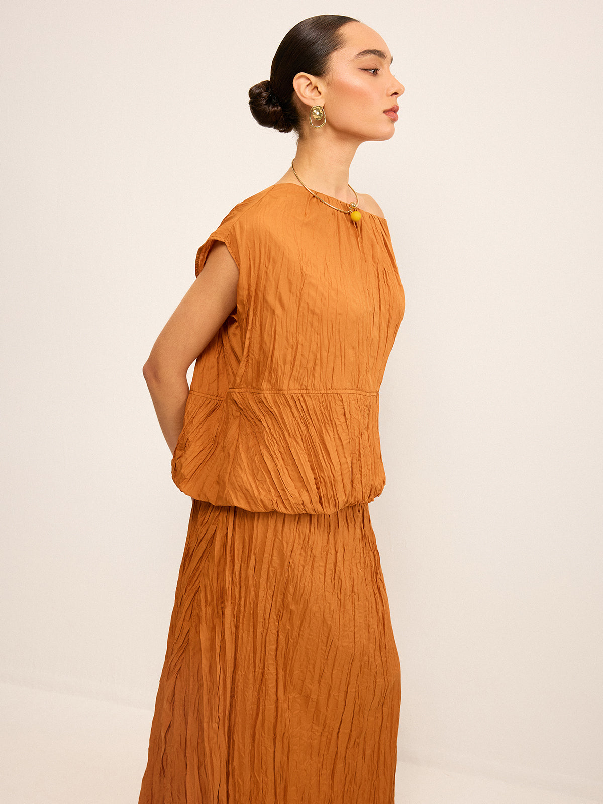 Oversized Textured Off-Shoulder Top and Maxi Skirt Set-Massicos