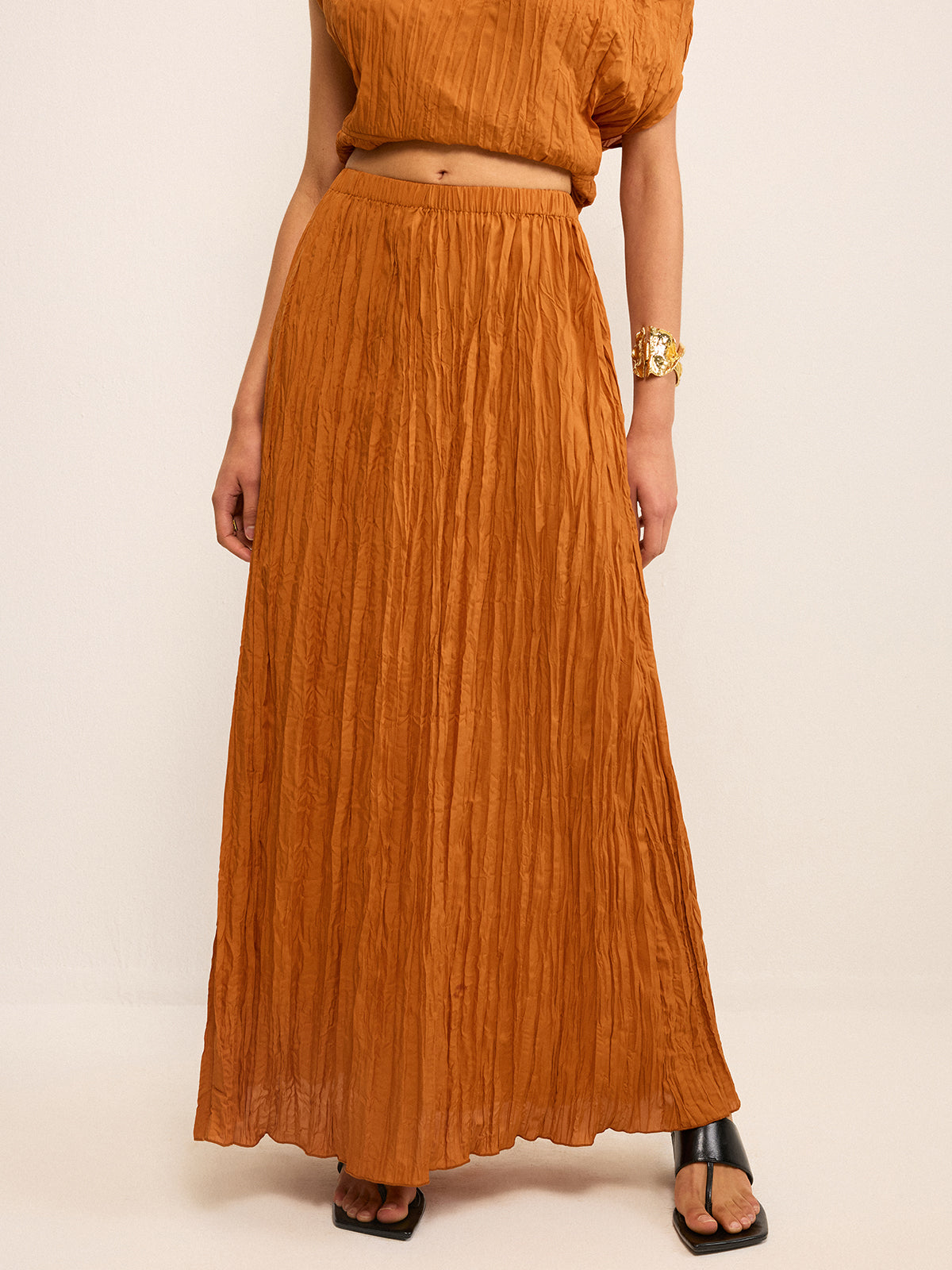 Oversized Textured Off-Shoulder Top and Maxi Skirt Set-Massicos