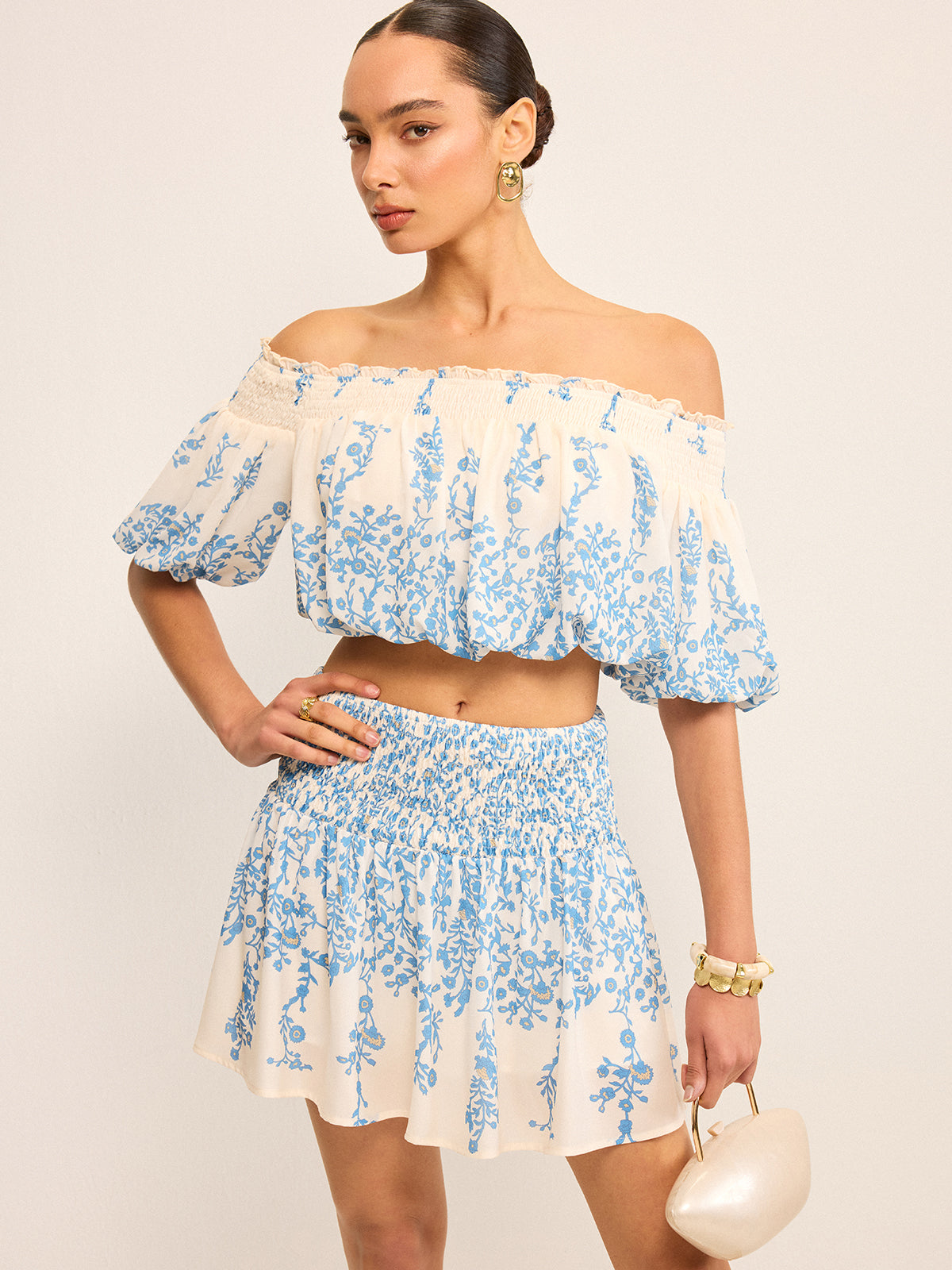 Floral Off-Shoulder Crop Top and Cinching Skirt Set-Massicos