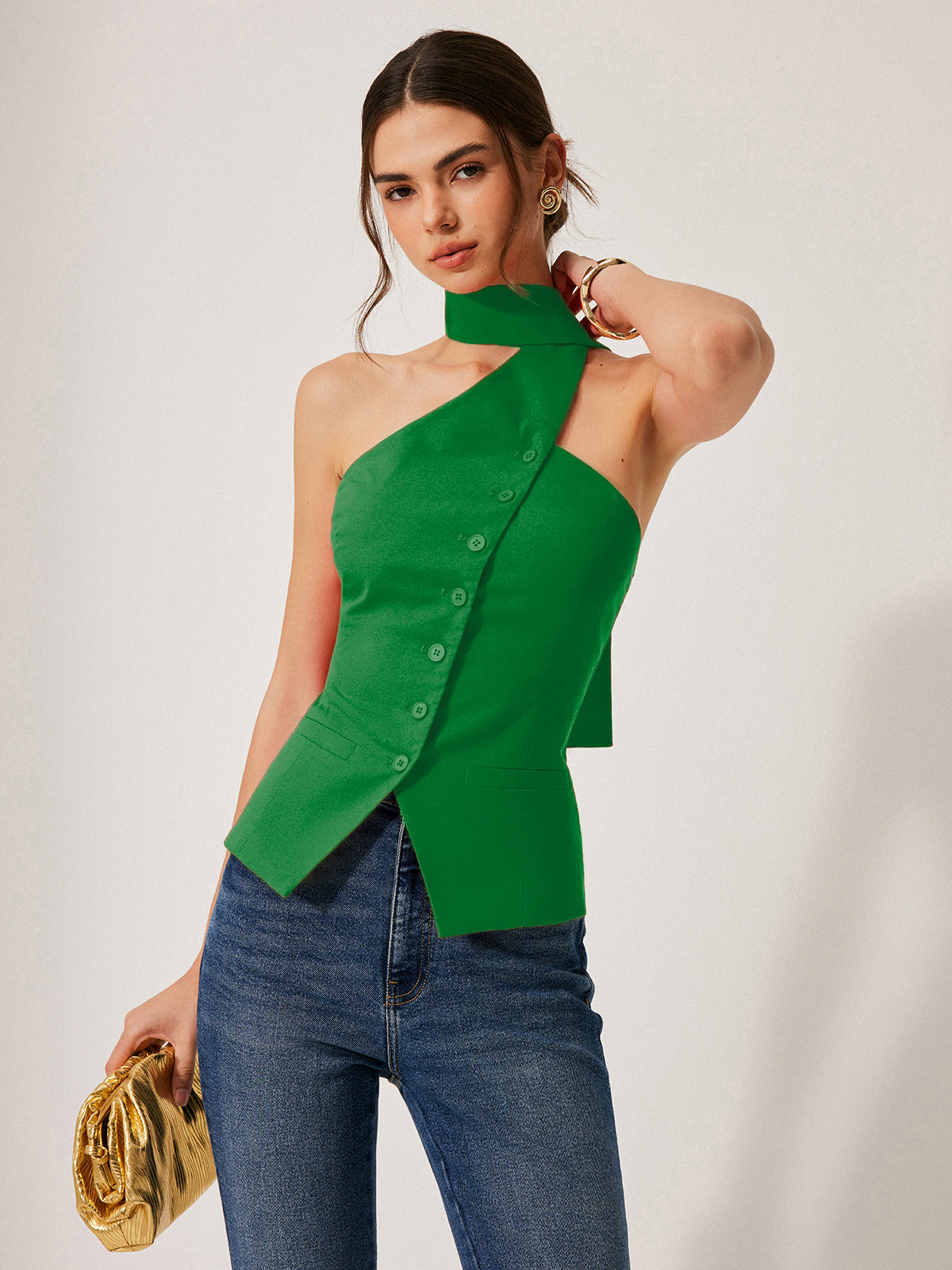 Cotton & Linen Halter Top With Decor Pockets-Massicos