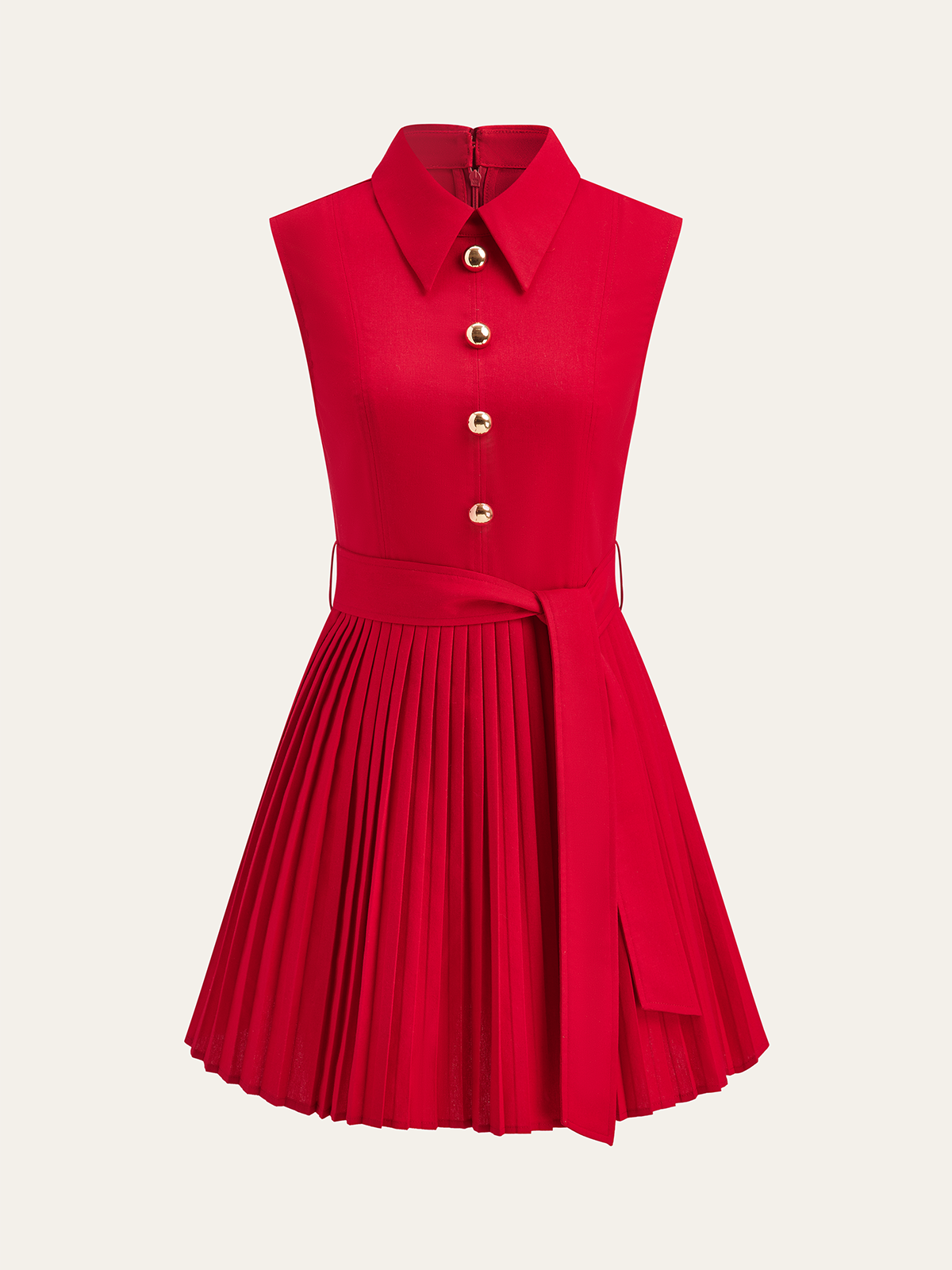 Shirt-Collar Pleated Dress with Belt-Massicos