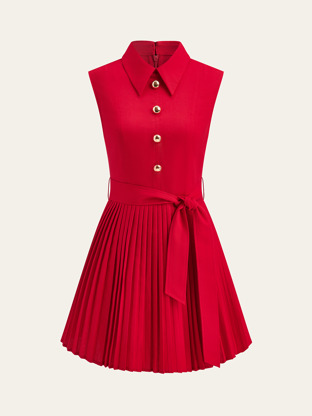 Shirt-Collar Pleated Dress with Belt-Massicos
