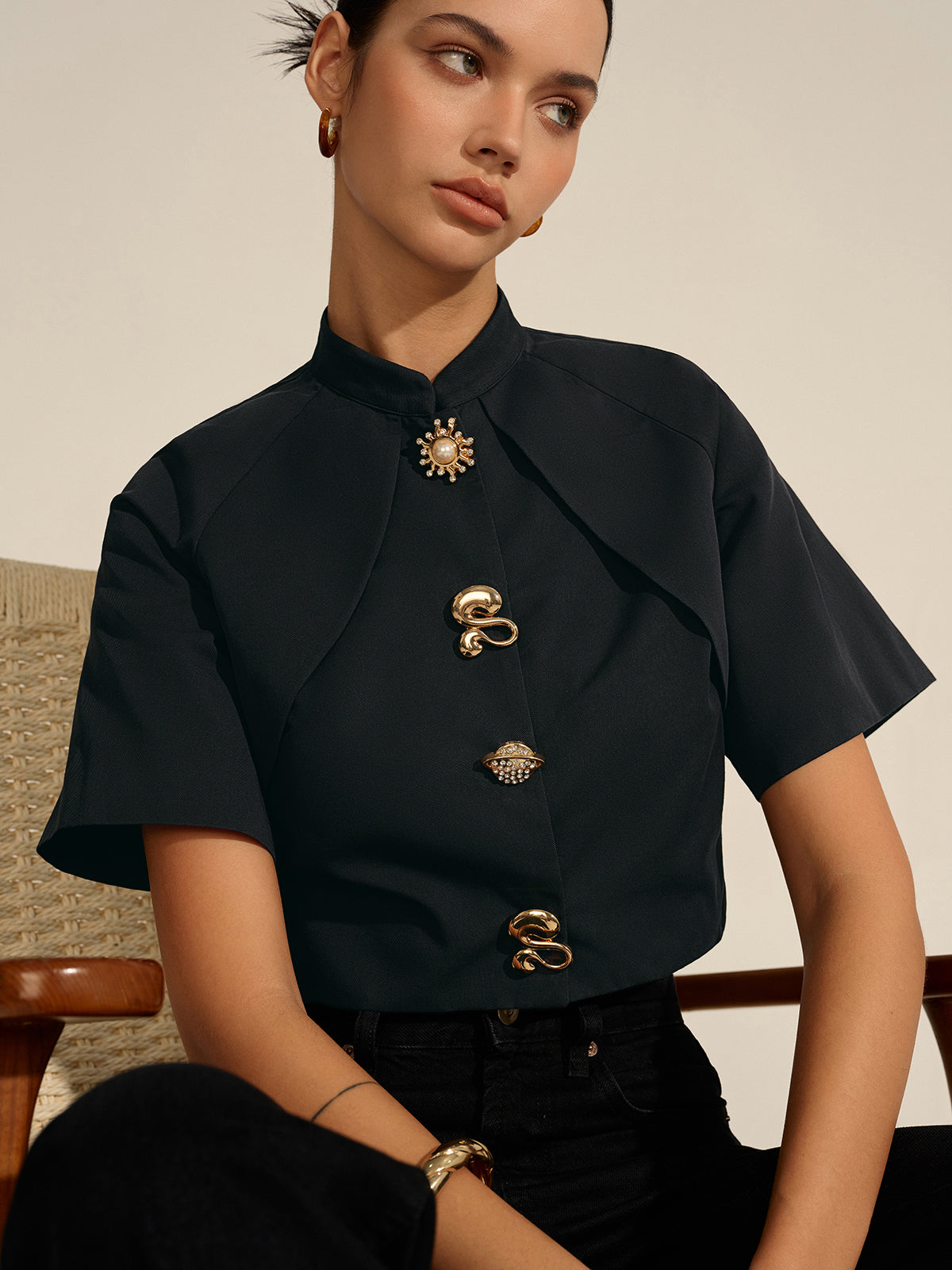 Metal Decor Cropped Blouse-Massicos