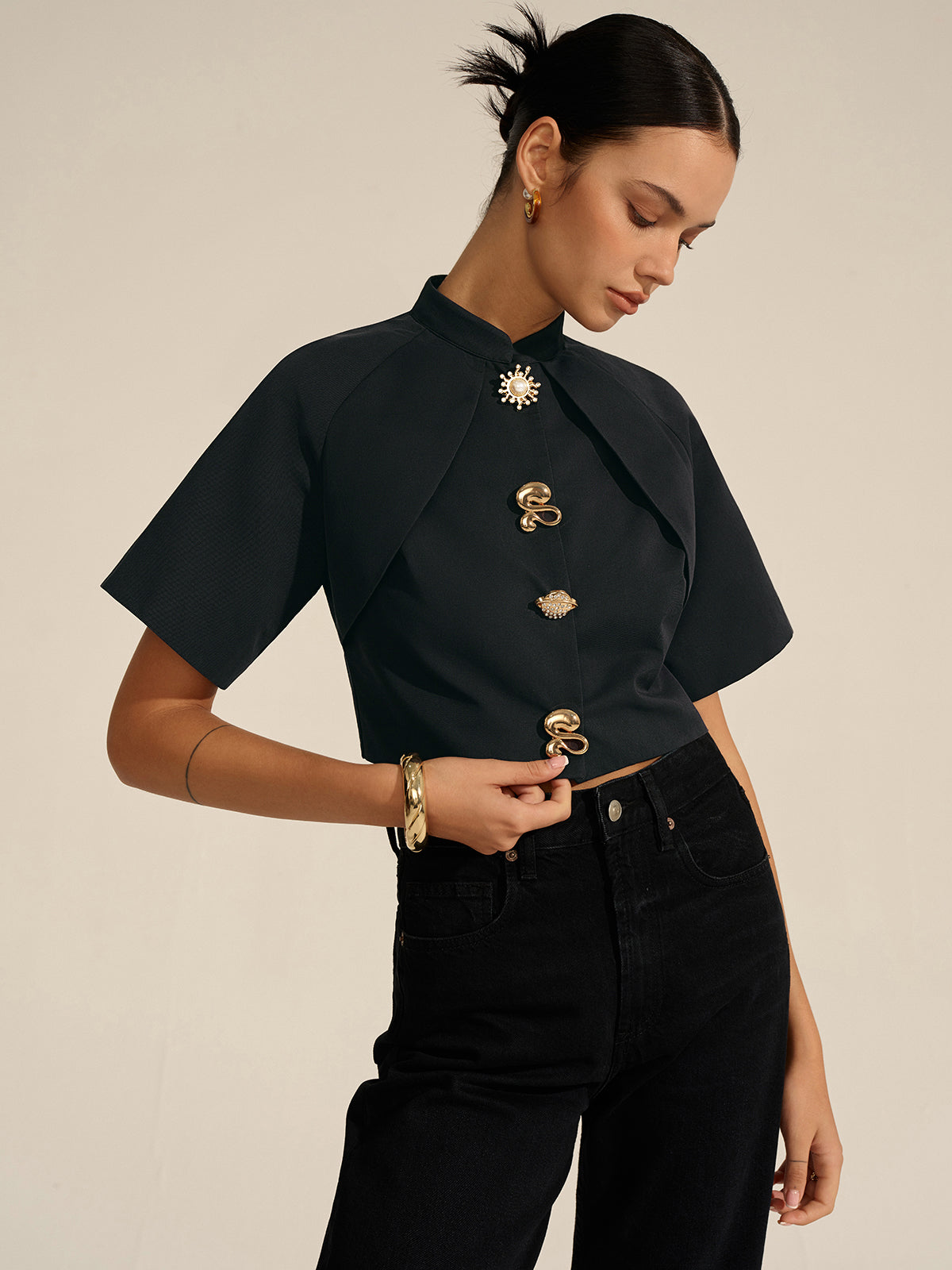 Metal Decor Cropped Blouse-Massicos