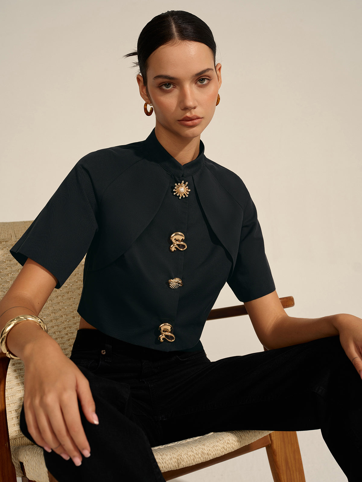 Metal Decor Cropped Blouse-Massicos