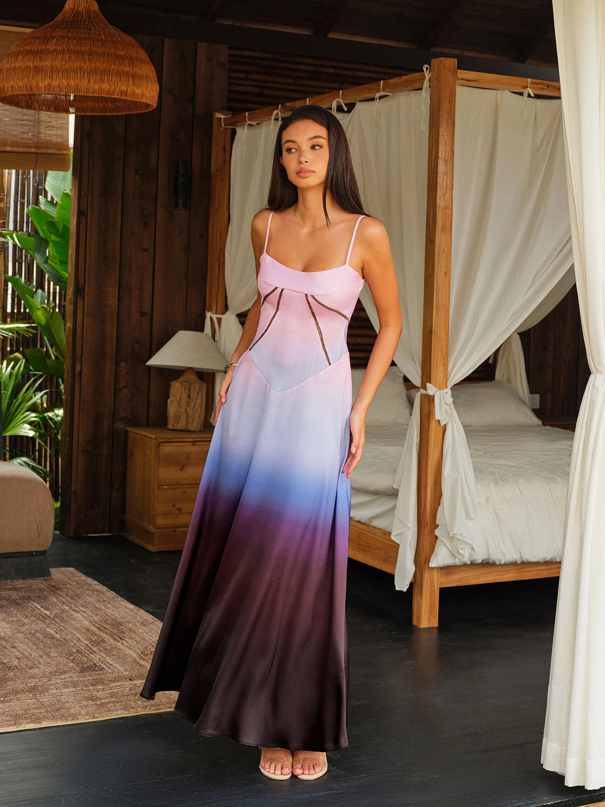 Spaghetti Straps Tie-Dye Gradient Satin Maxi Dress With Lace-Up Back-Massicos